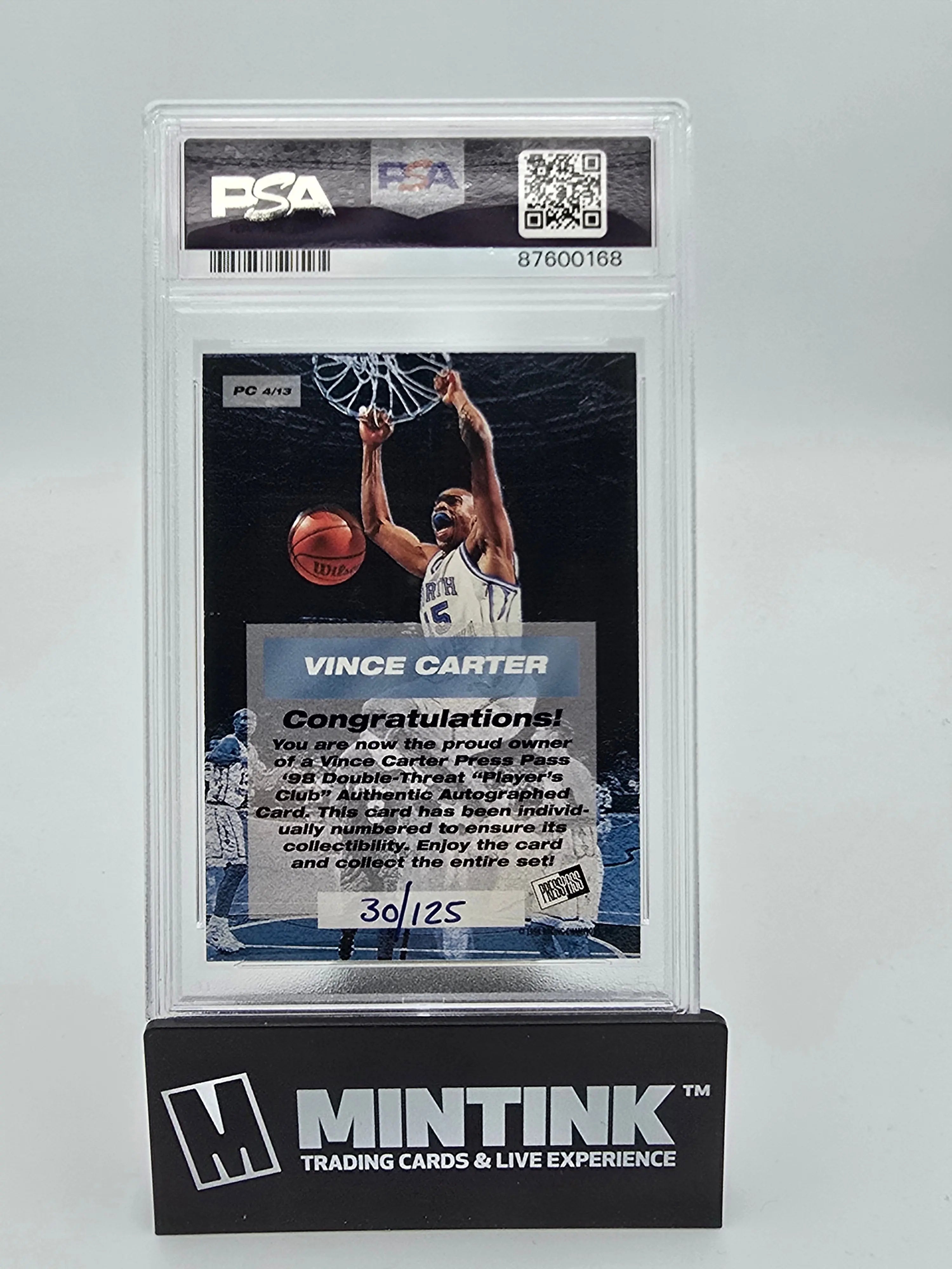 1998 Press Pass Double Threat Vince Carter PSA 9 Player's Club Auto PSA 9 /125 