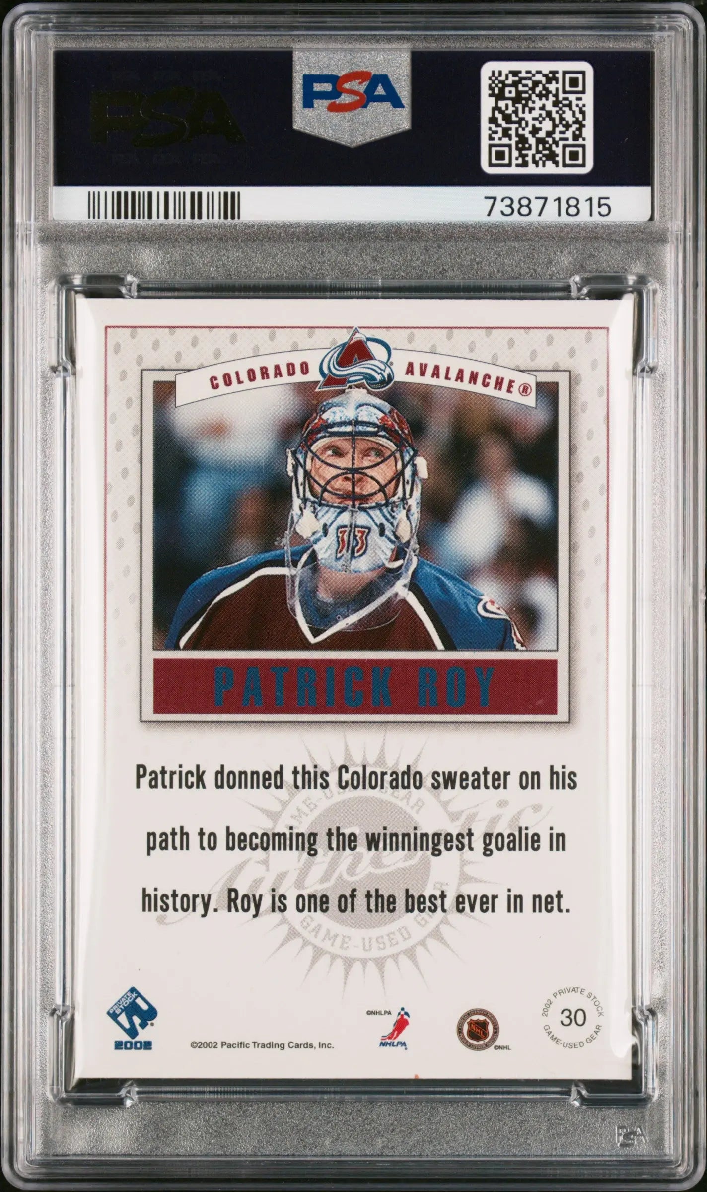 2001 Pacific Private Stock Game-Used Gear Patrick Roy #30 PSA 8 