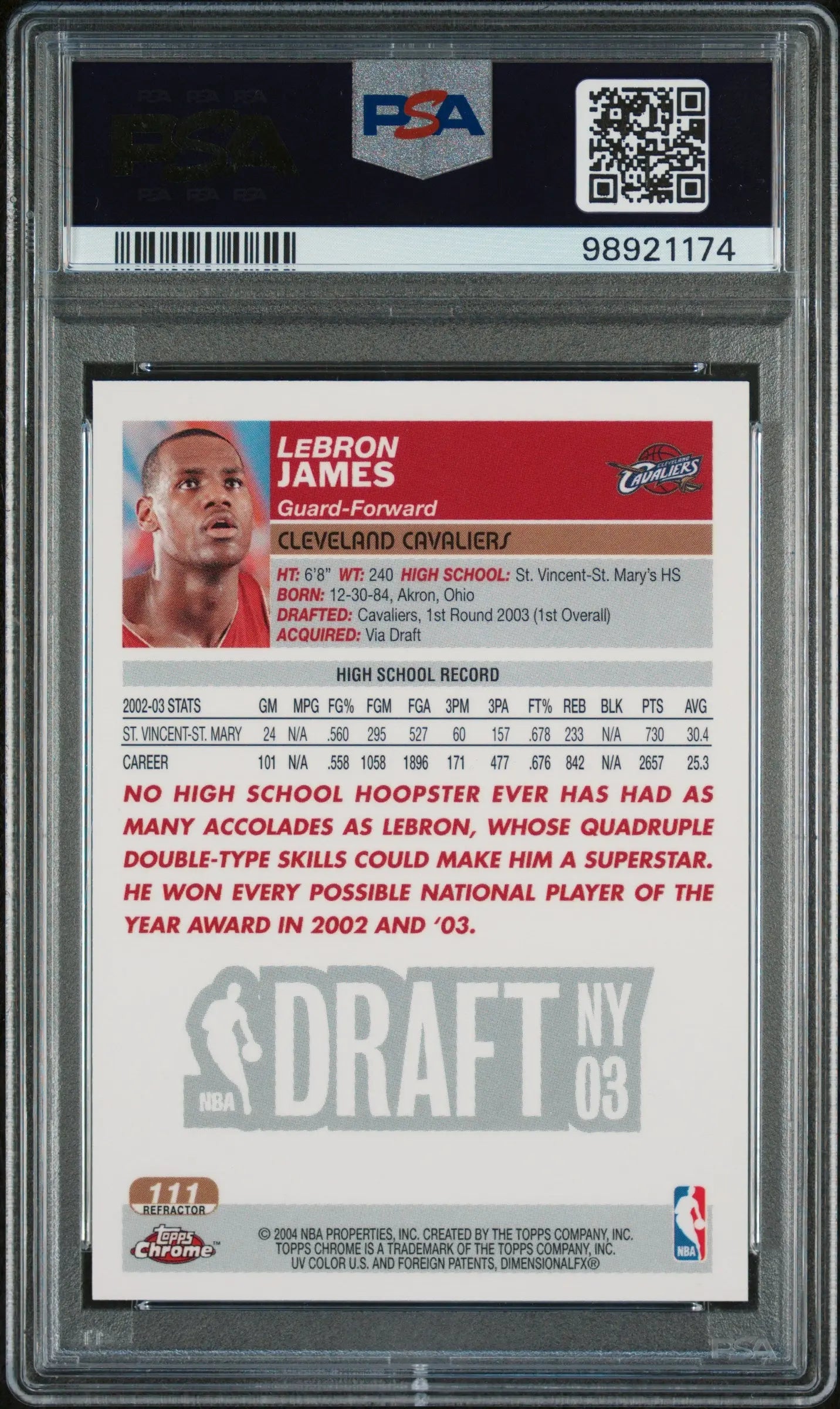 2003 Topps Chrome Basketball LeBron James RC Rookie Refractor PSA 10 #111 