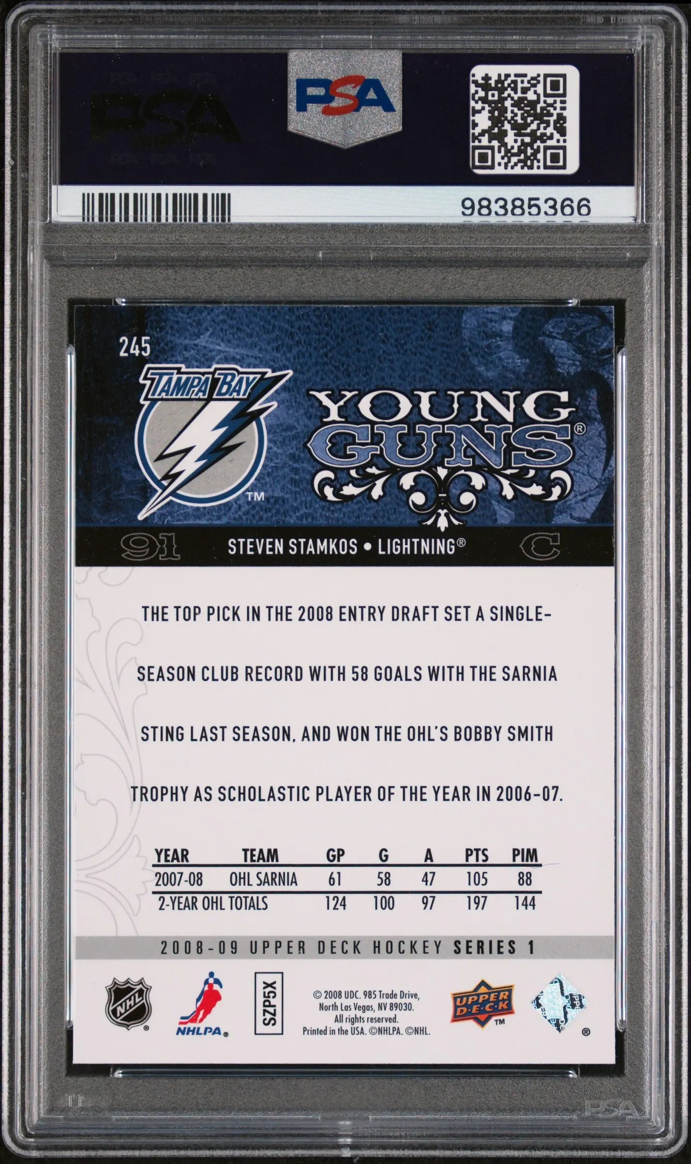 2008-09 Upper Deck Hockey Series 1 Steven Stamkos Young Guns PSA 10 