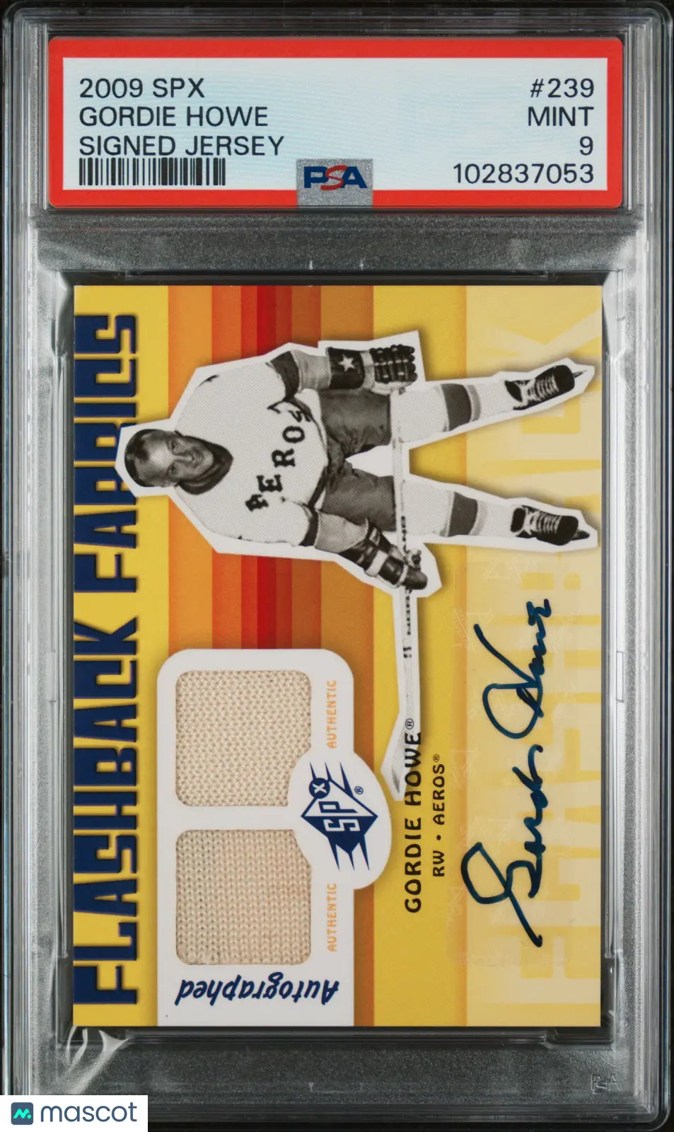 2009 UD SPX Hockey Gordie Howe Flashback Dual Fabrics Auto PSA 9 