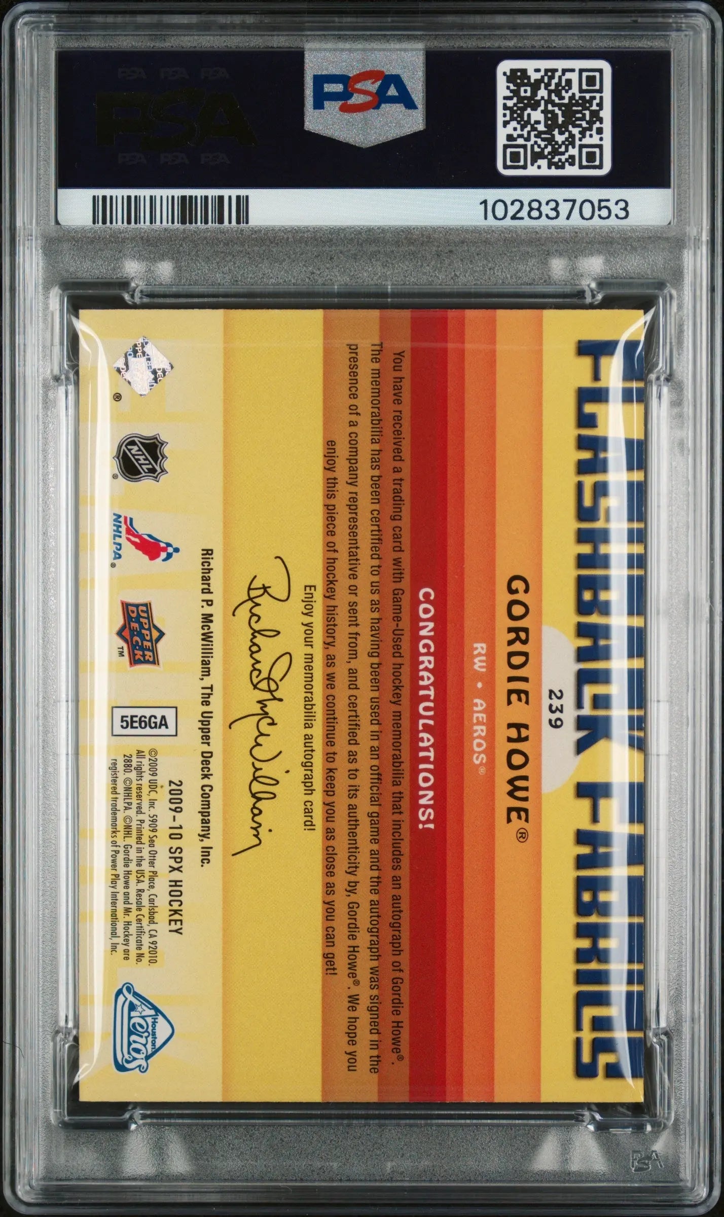 2009 UD SPX Hockey Gordie Howe Flashback Dual Fabrics Auto PSA 9 