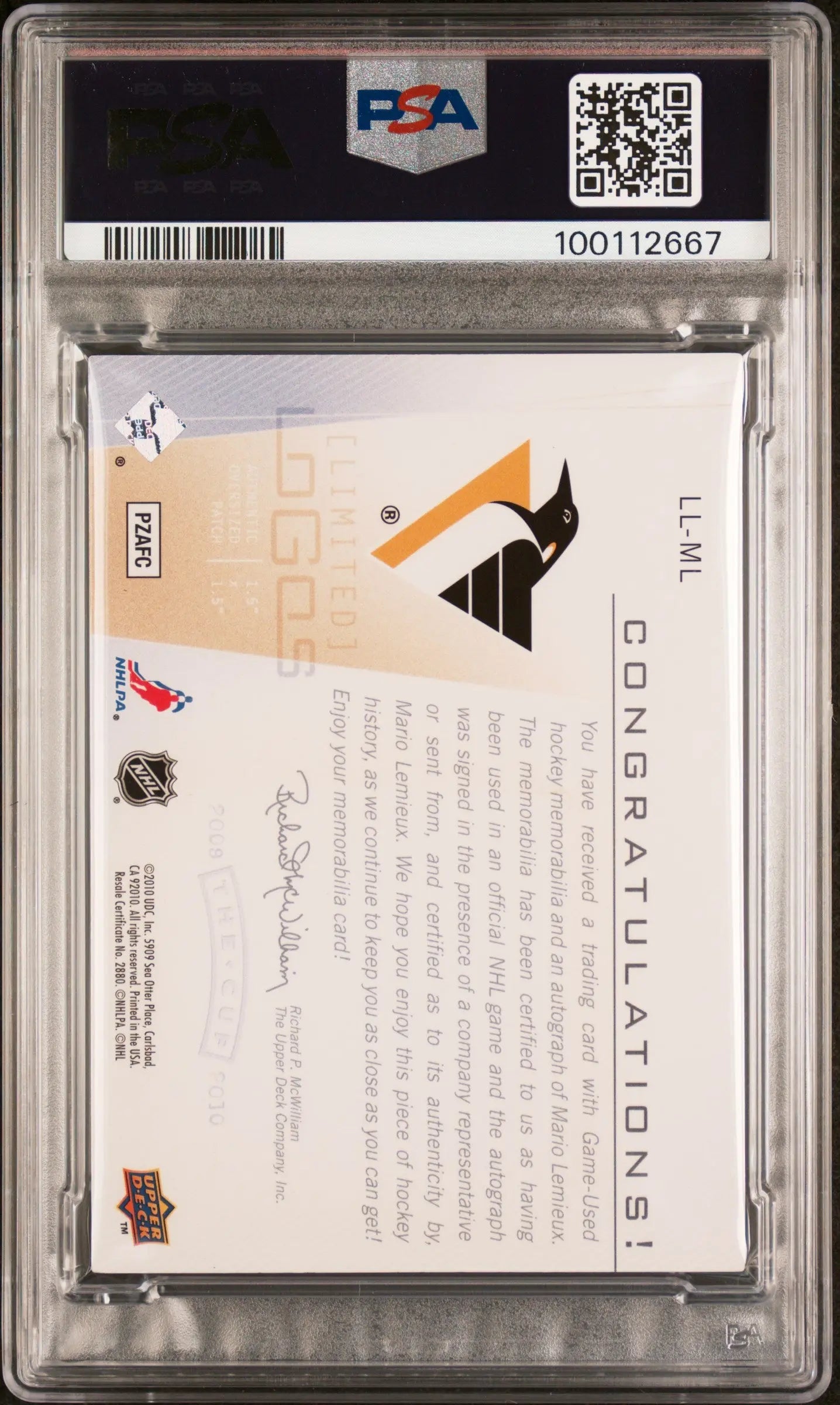 2009 Upper Deck The Cup Limited Logos Autographs Mario Lemieux PSA Authentic /50 