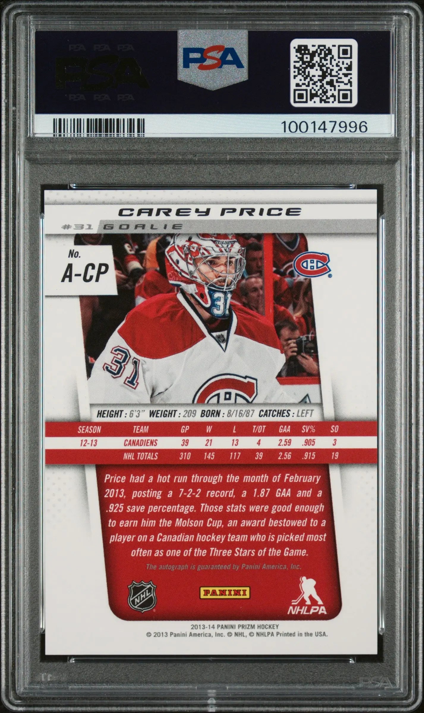 2013 Panini Prizm Autographs Carey Price #A-CP PSA 10 