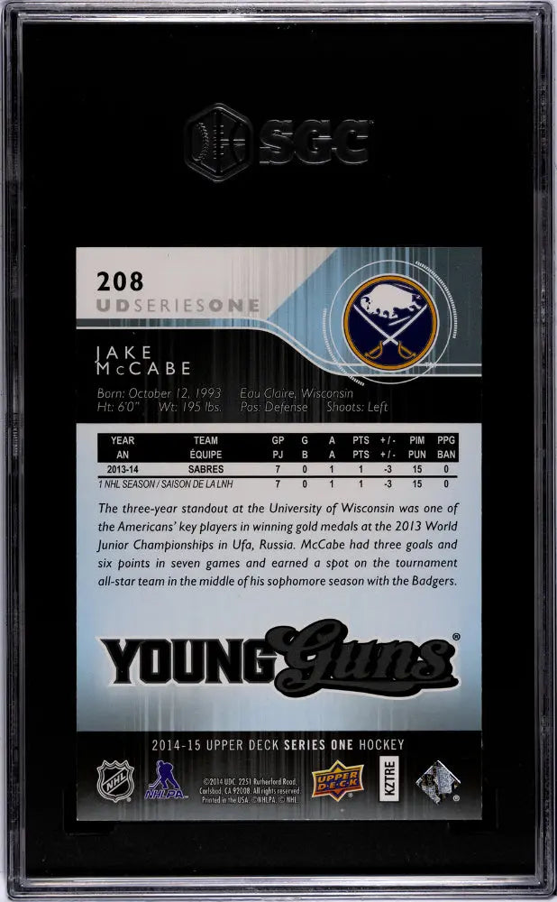 2014-15 Upper Deck Series One Hockey Jake McCabe Young Guns SGC 9.5 