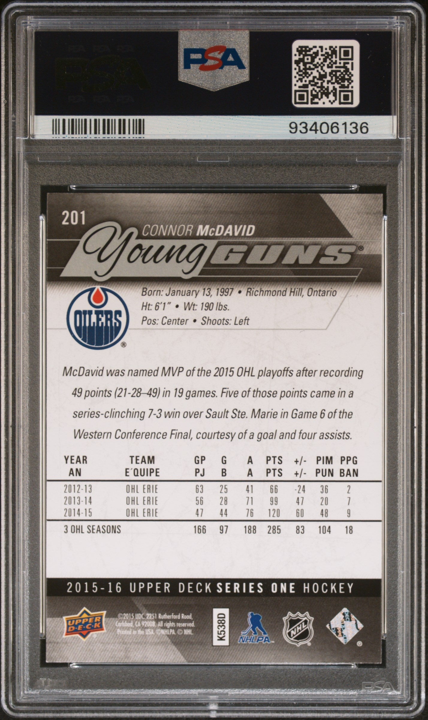 2015 Upper Deck Series One Psa 9 Connor Mcdavid Young Guns 201 2