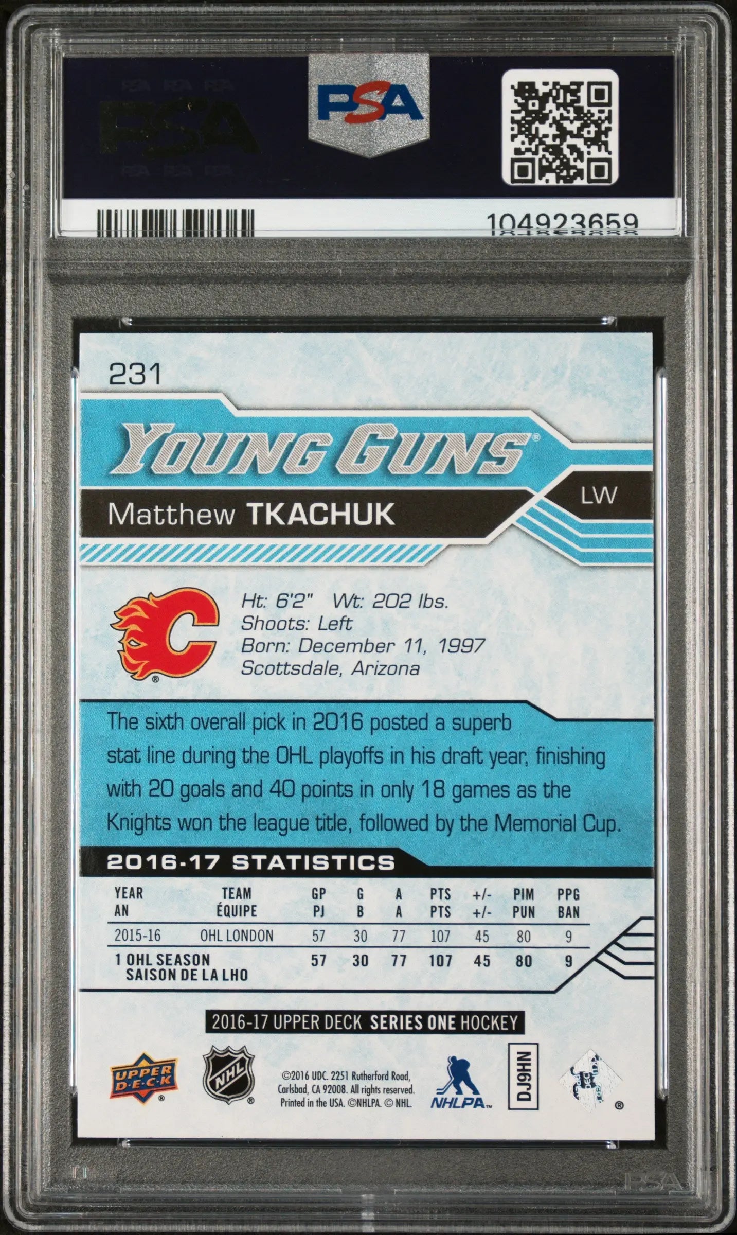 2016-17 Upper Deck Series One Hockey Matthew Tkachuk Young Guns RC PSA 10 