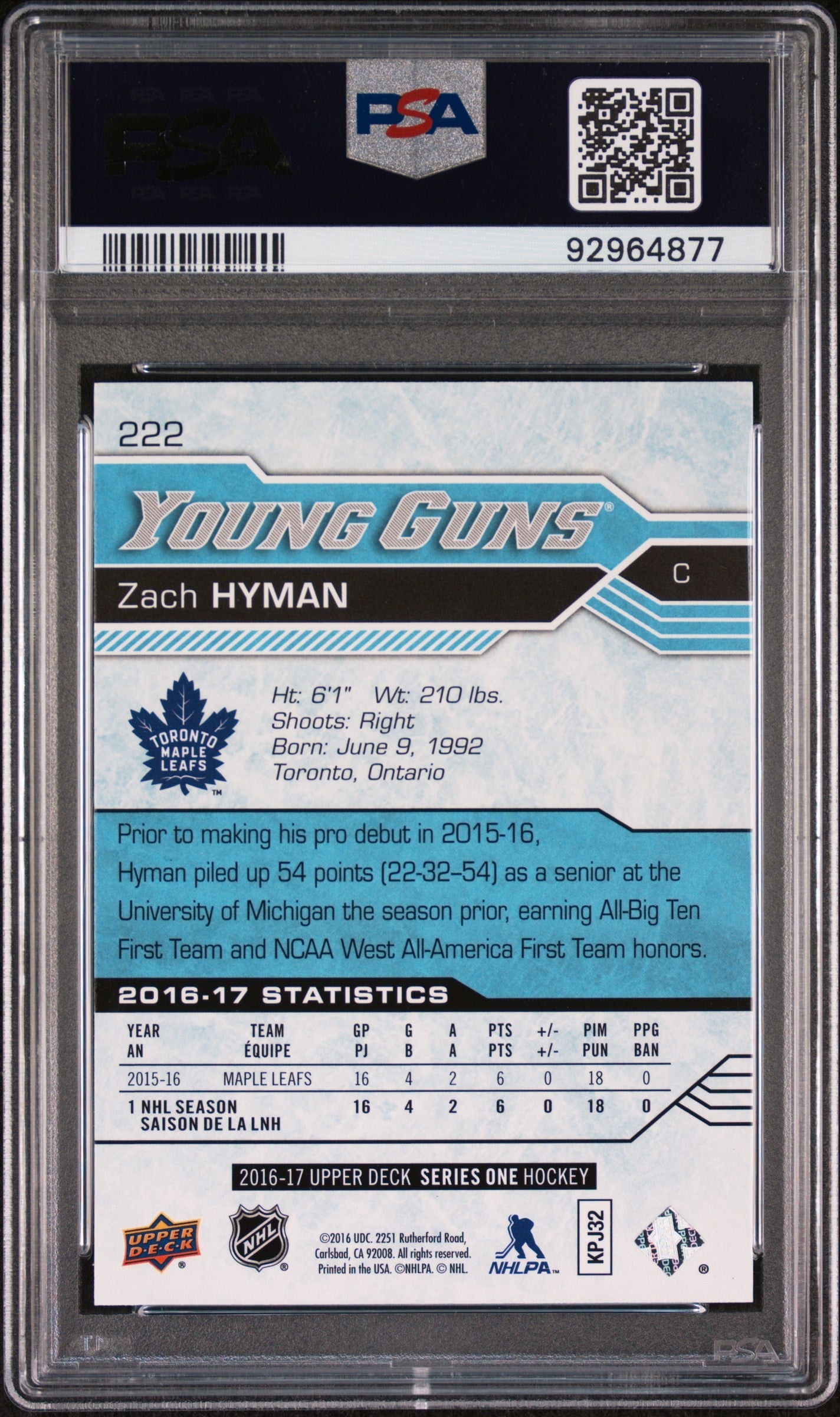 2016 17 Upper Deck Series One Psa 10 Zach Hyman Young Guns 222 2