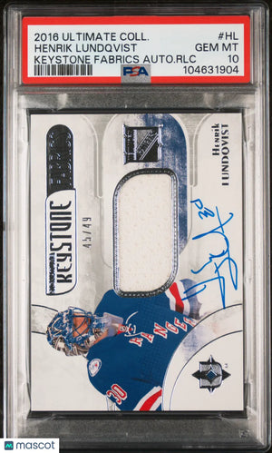 2016 UD Ultimate Coll. Keystone Fabrics Auto Relic Henrik Lundqvist PSA 10 /49 