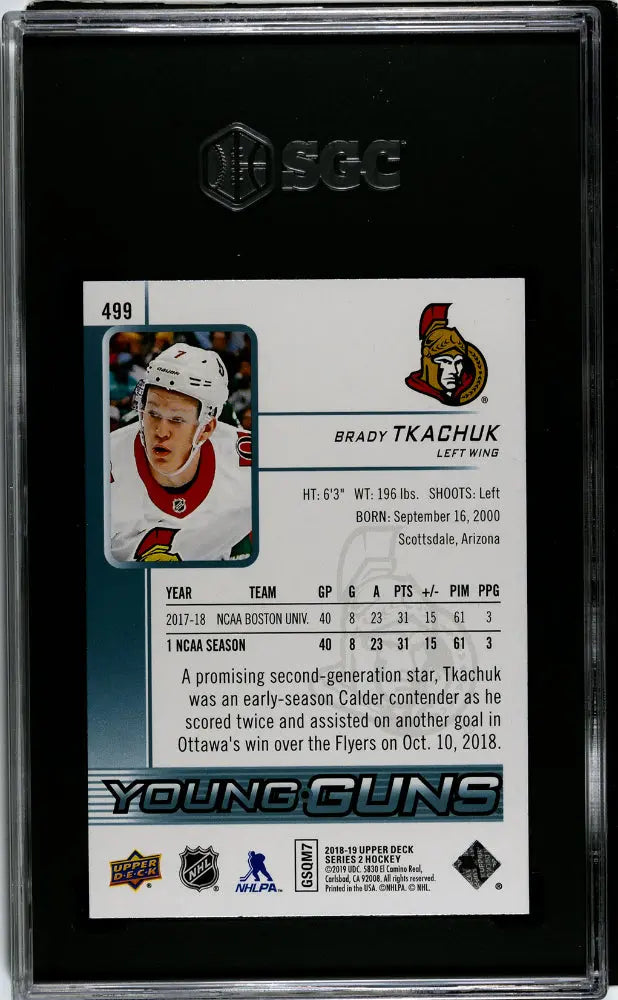 2018-19 Upper Deck Series 2 Hockey Brady Tkachuk Young Guns RC SGC 10 