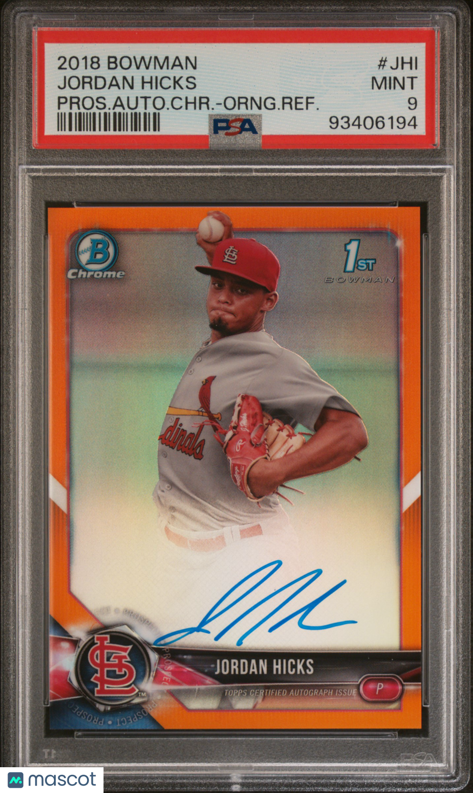 2018 1St Bowman Prospect Psa 9 Jordan Hicks Chrome Auto Orange Ref. /25 1