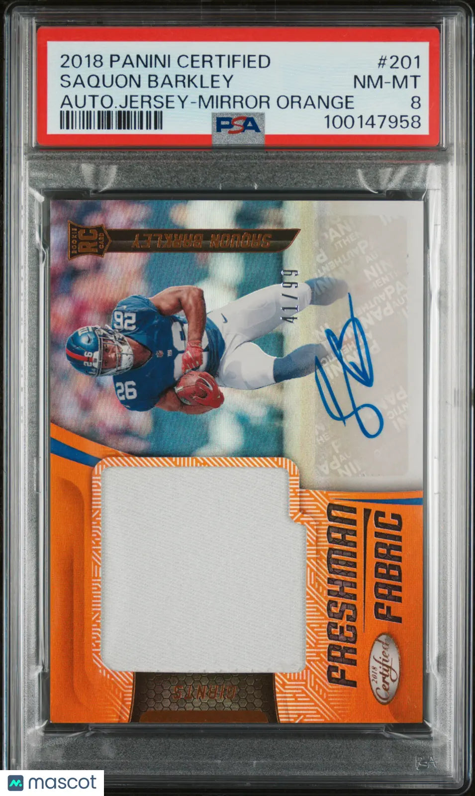 2018 Panini Certified Saquon Barkley Rookie Jersey Auto Mirror Orange PSA 8 /99 