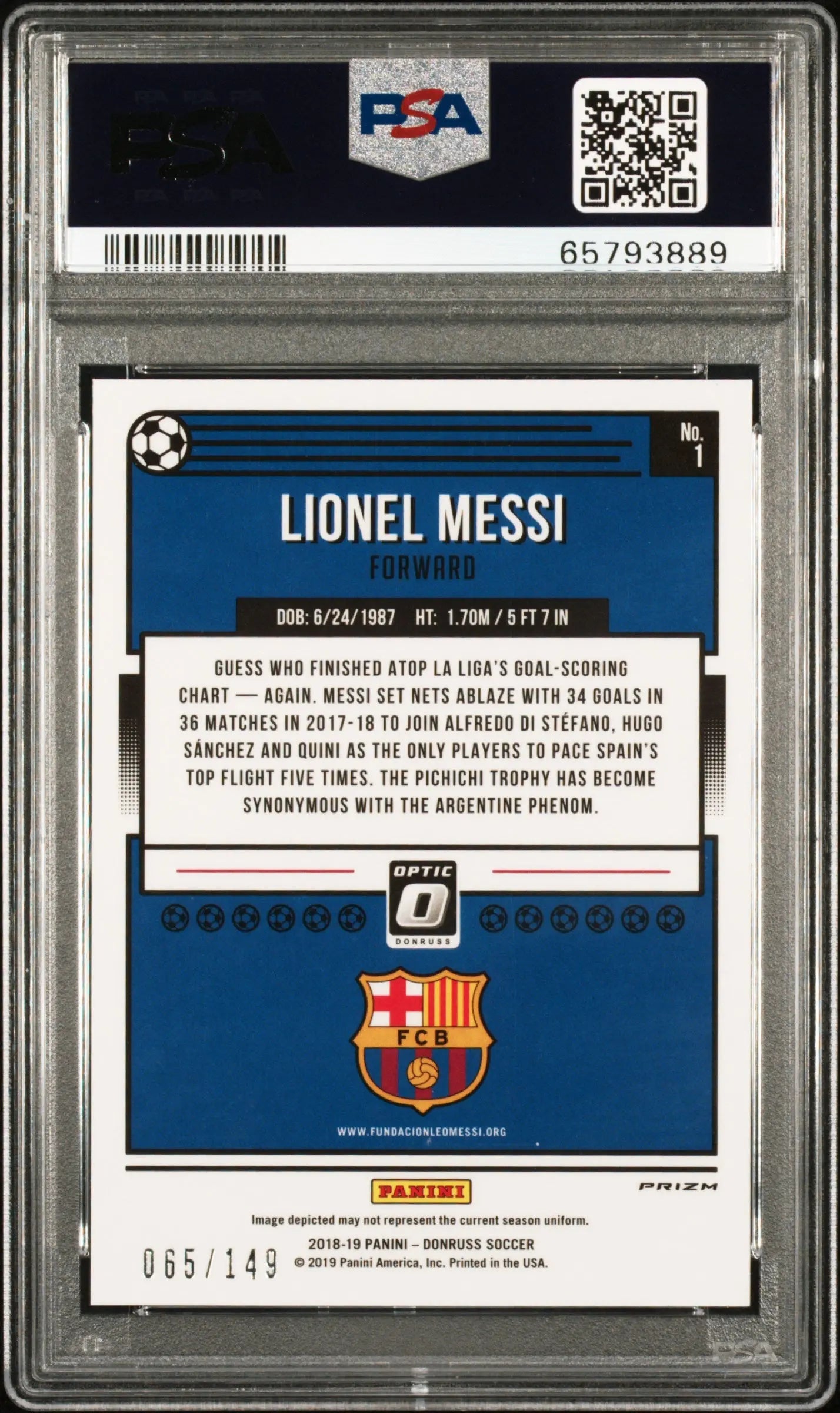 2018 Panini Donruss Optic Lionel Messi Aqua PSA 10 /149 #1 