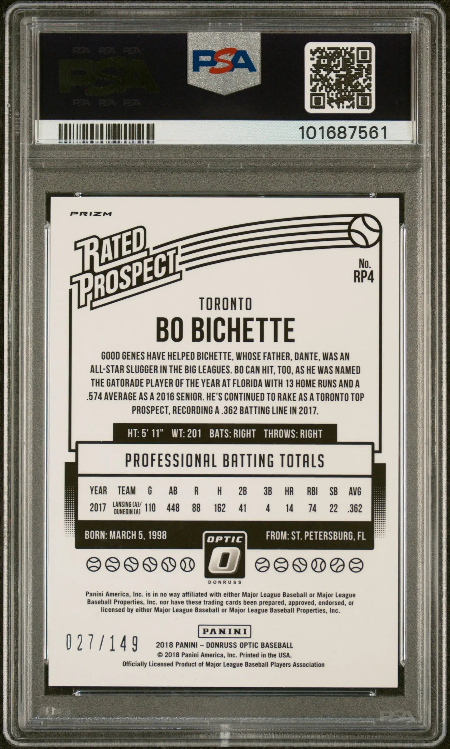 2018 Panini Donruss Optic Rated Prospect Bo Bichette Blue PSA 8 /149 