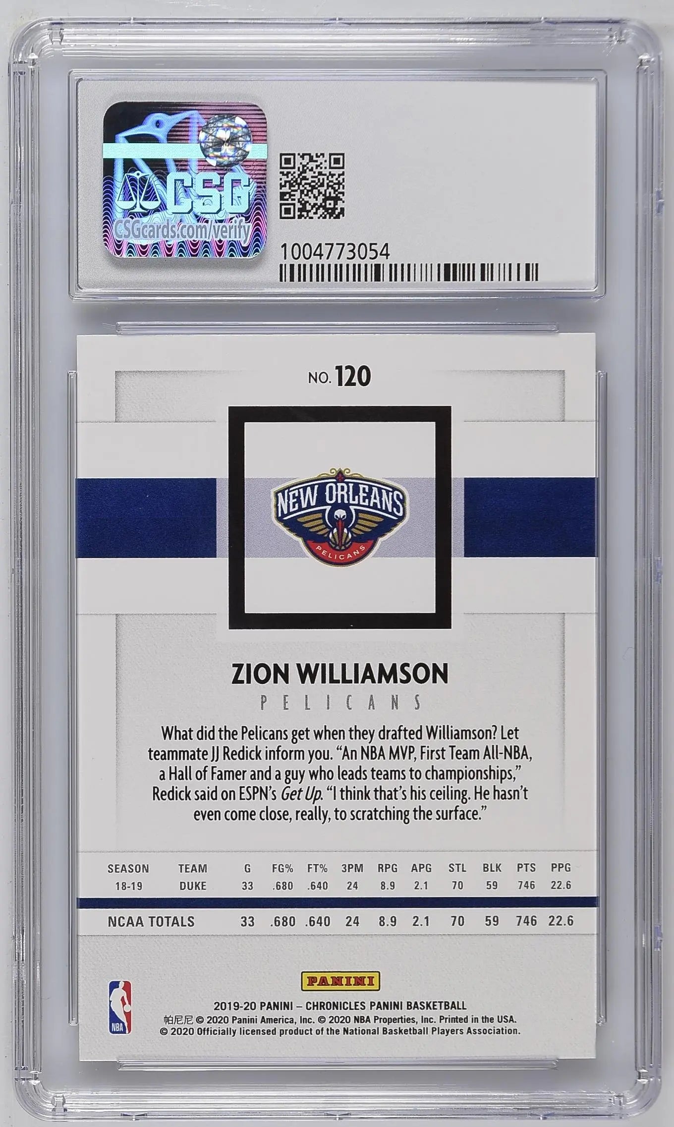 2019-20 Panini Chronicles Basketball Zion Williamson RC Green CSG 9.5 #120 