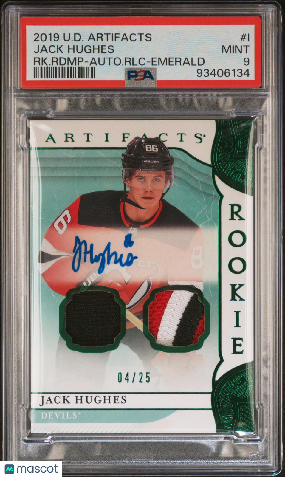 2019-20 Ud Artifacts Psa 9 Jack Hughes Rookie Dual Patch Rdmp. Auto Emerald /25 1