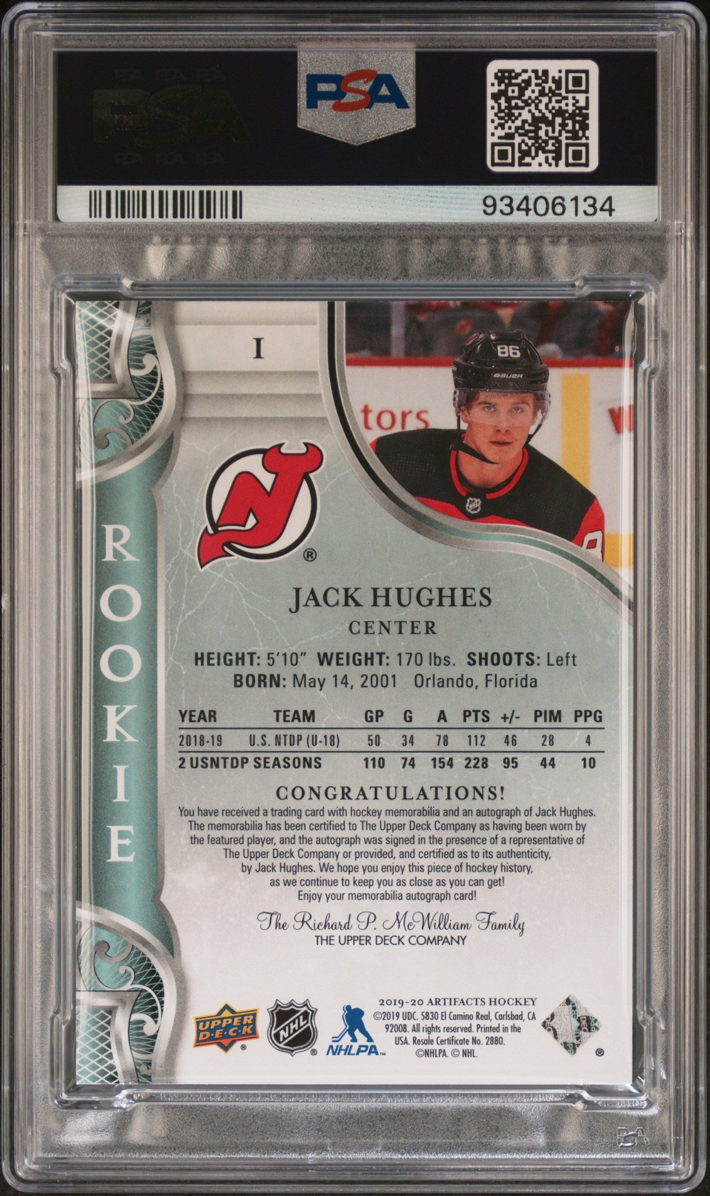 2019 20 Ud Artifacts Psa 9 Jack Hughes Rookie Dual Patch Rdmp Auto Emerald 25 2