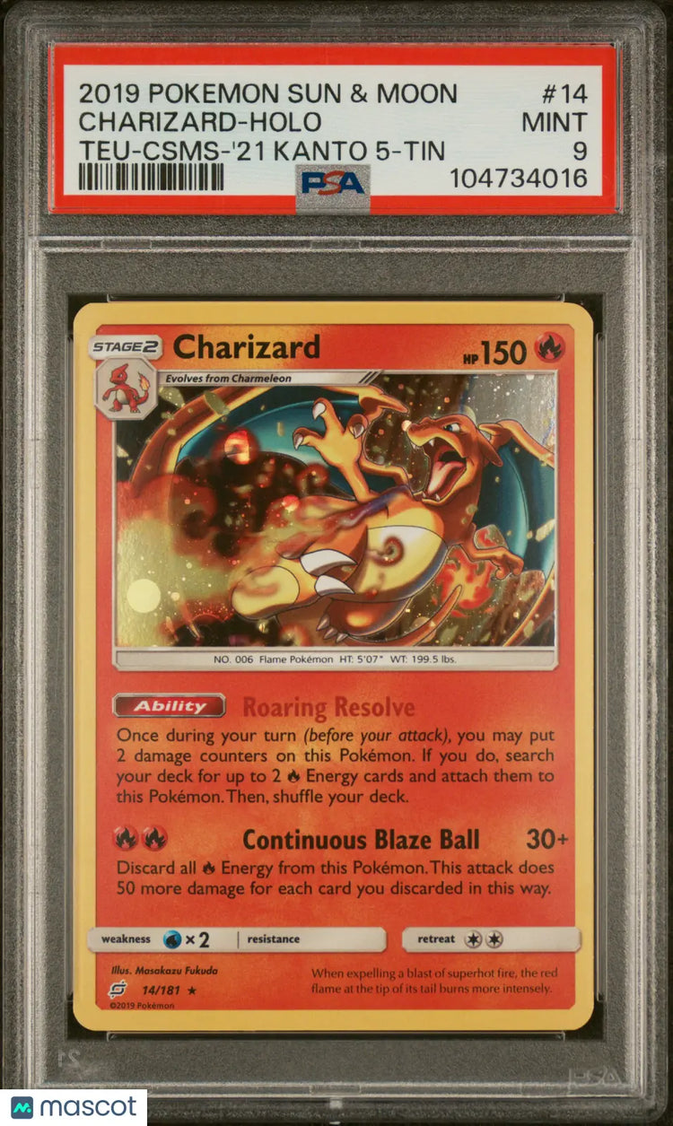 2019 Pokemon Sun & Moon Charizard #14 Mongolian Teu-Csms-'21 Kanto 5-Tin PSA 9 