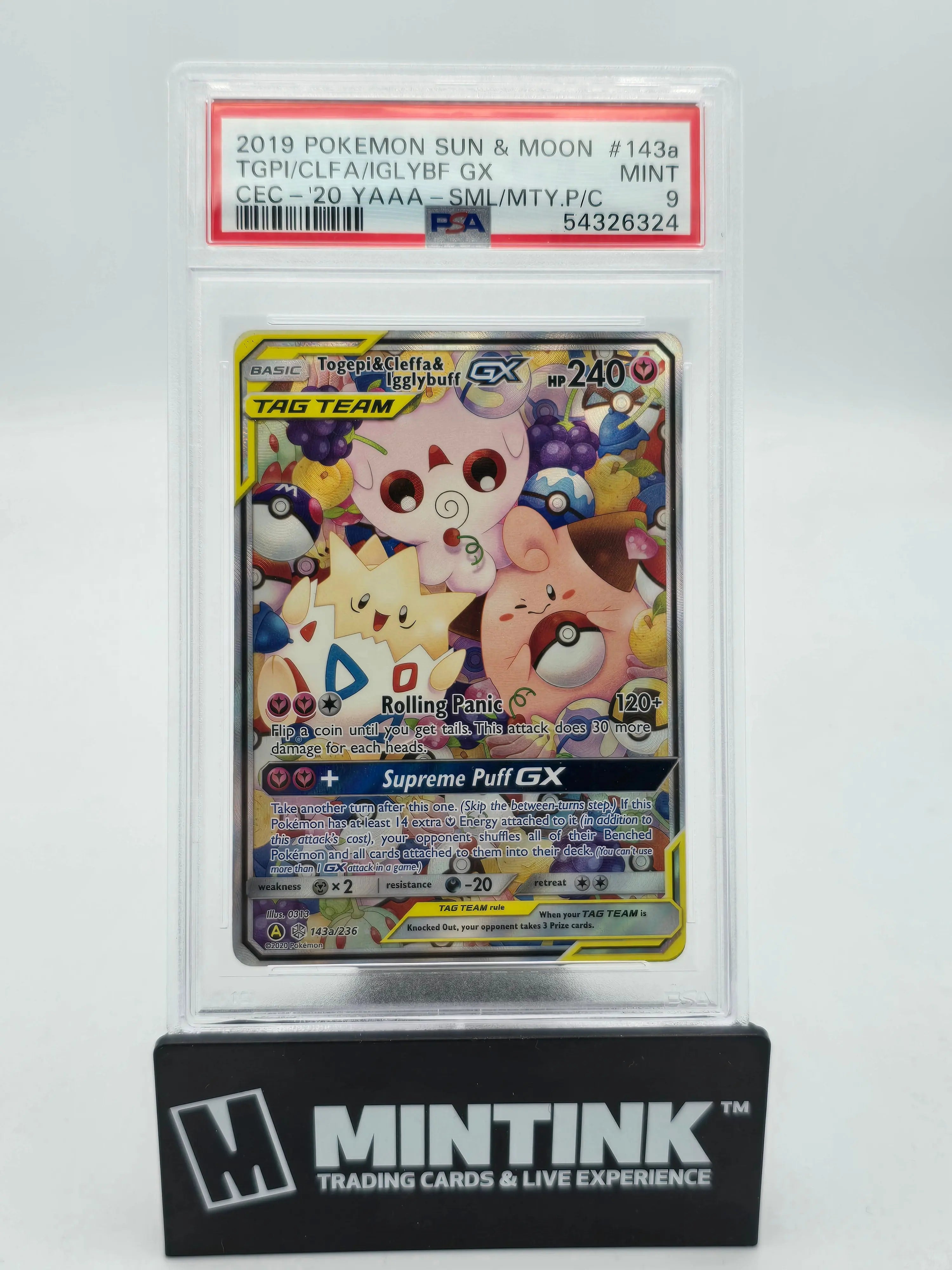 2019 Pokemon Sun & Moon Iglybf GX Clfa Tgpi #143a Cec-'20 Yaaa-SML/Mty.P/C PSA 9 