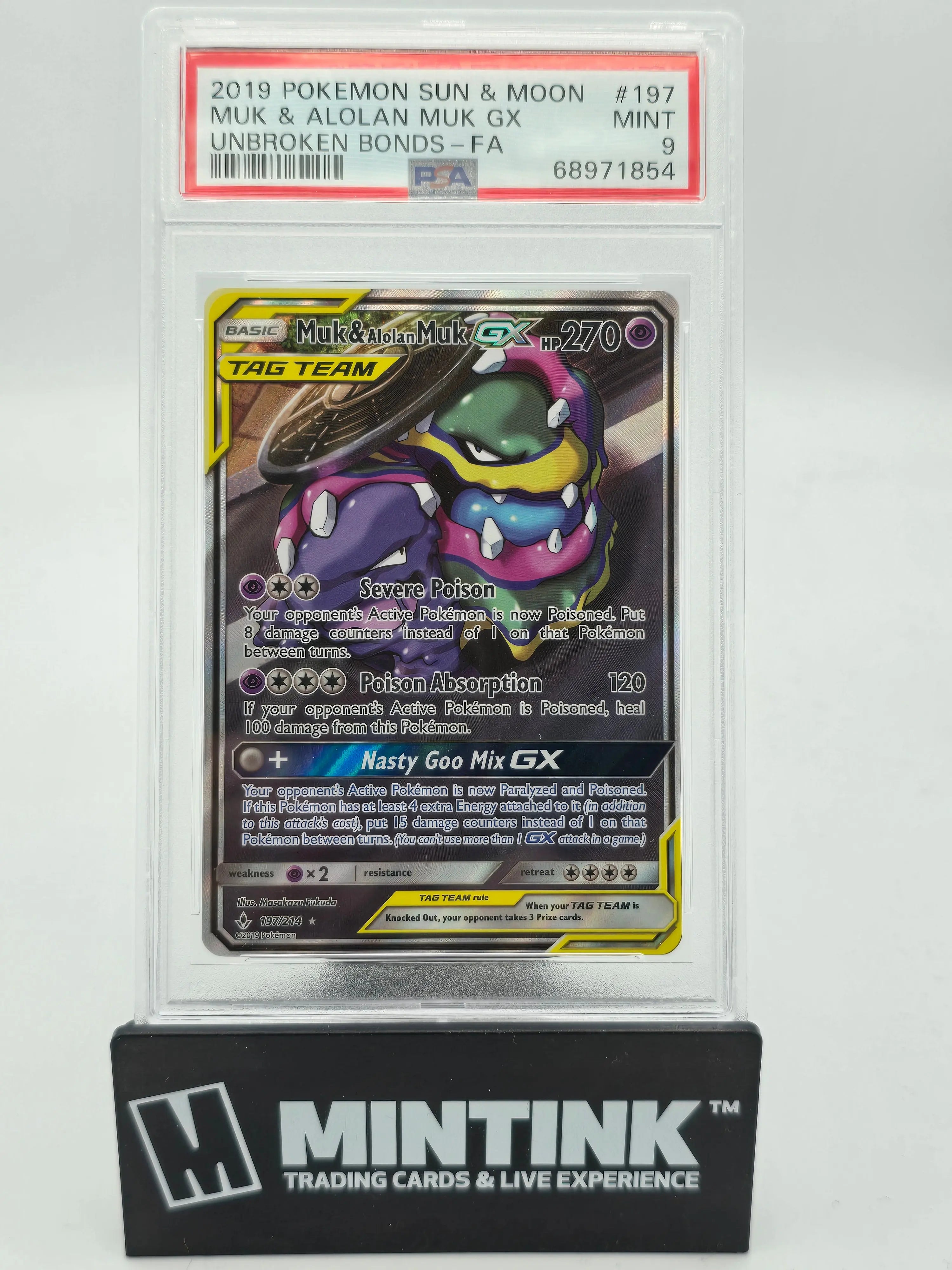 2019 Pokemon Sun & Moon Muk & Alolan Muk GX #197 Unbroken Bonds-FA PSA 9 