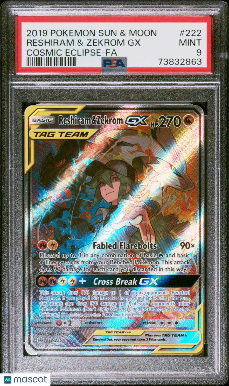 2019 Pokemon Sun & Moon Reshiram & Zekrom GX #222 Cosmic Eclipse-FA PSA 9 