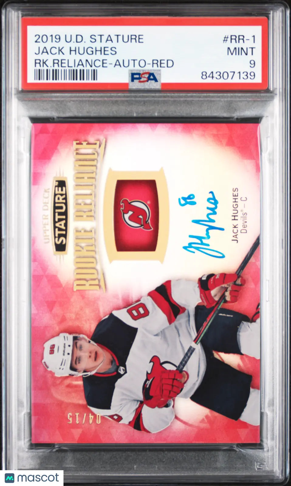 2019 Upper Deck Stature Rookie Reliance Jack Hughes Red Auto PSA 9 /15 