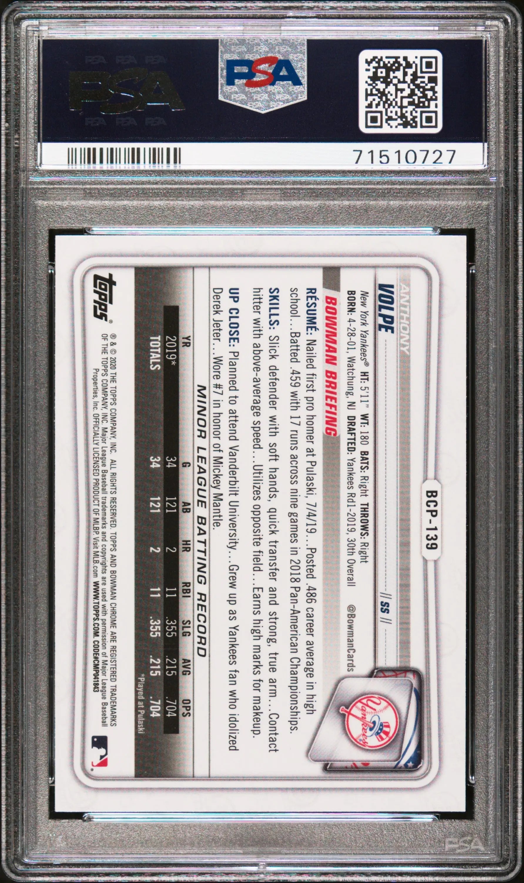 2020 1st Bowman Chrome Sapphire Edition Anthony Volpe PSA 10 