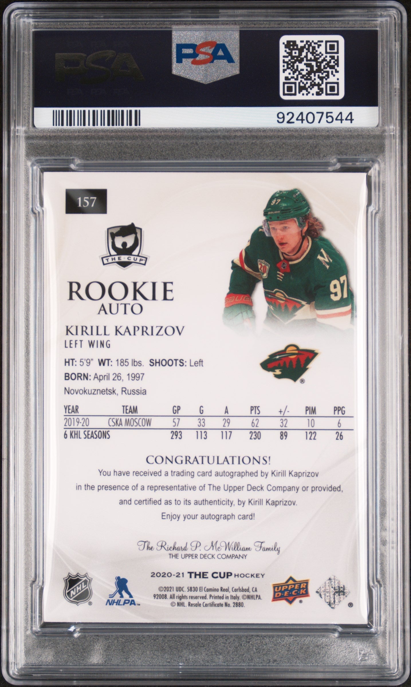 2020 2021 Ud The Cup Hockey Psa 10 Kirill Kaprizov Rookie Gold Foil Auto 11 24 2