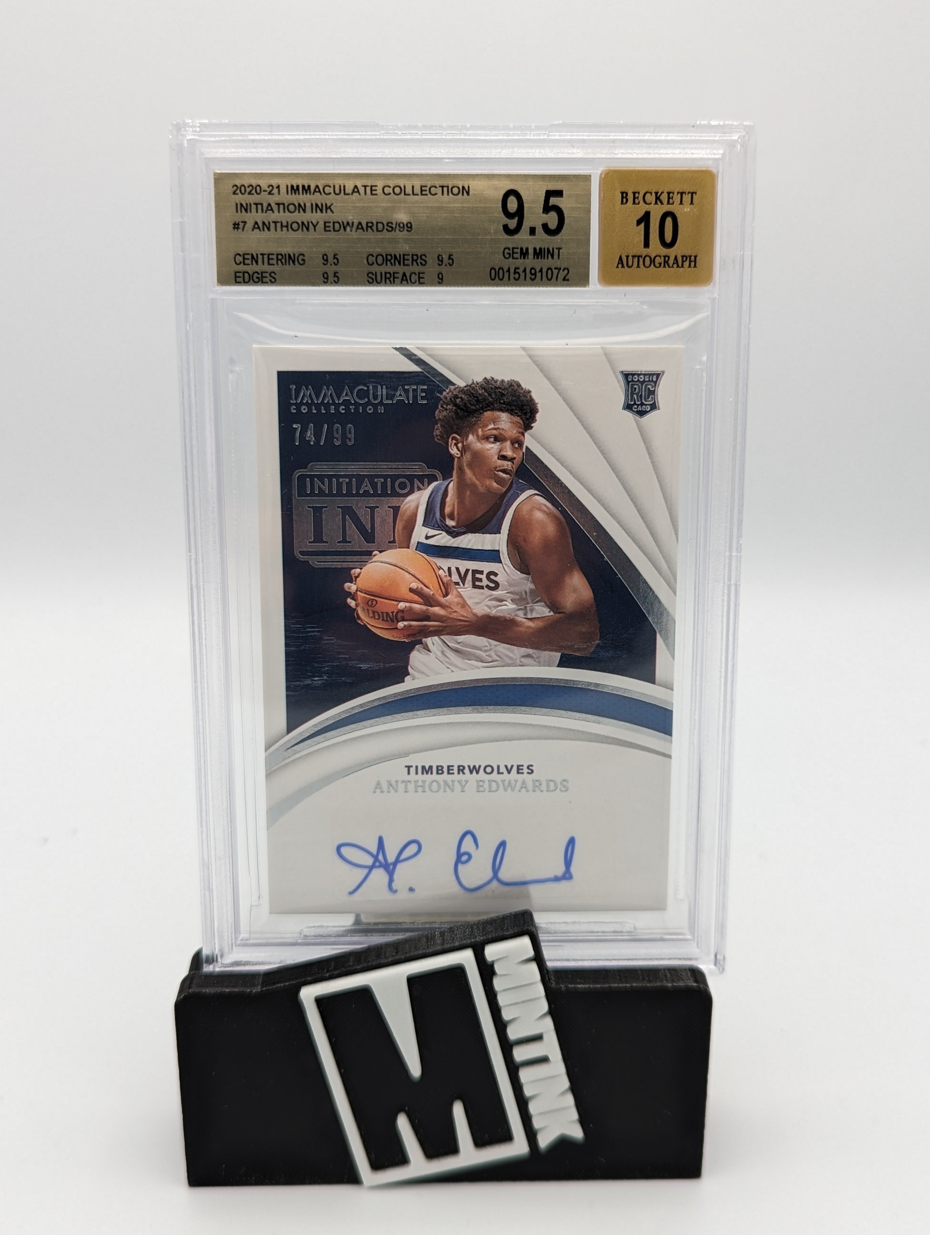 2020-21 Immaculate Collection Basketball Beckett 9.5 Anthony Edwards Rookie Initiation Ink 74/99 #Ini-Aed 1