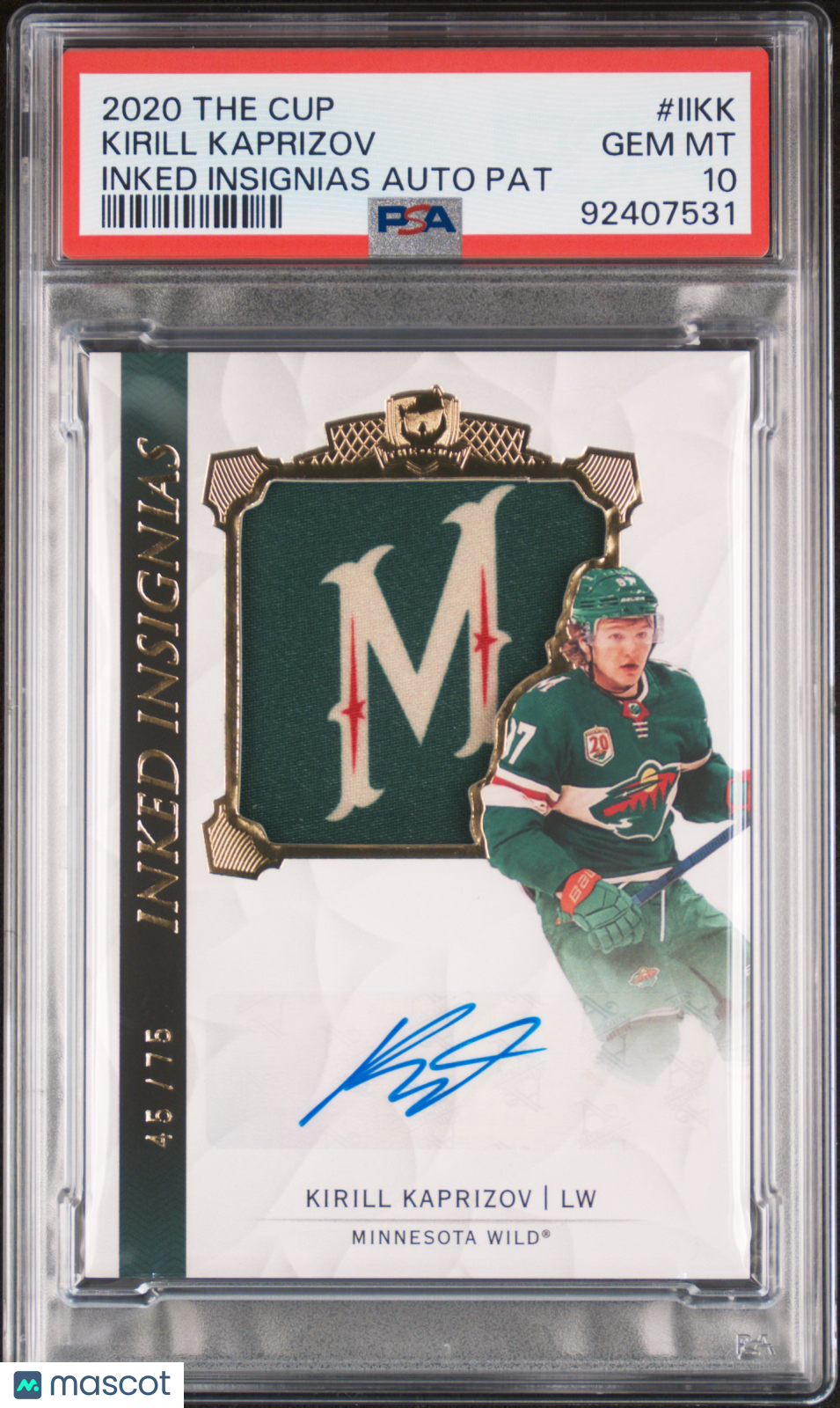 2020-21 The Cup Hockey Psa 10 Kirill Kaprizov Inked Insignias Patch Auto /75 1