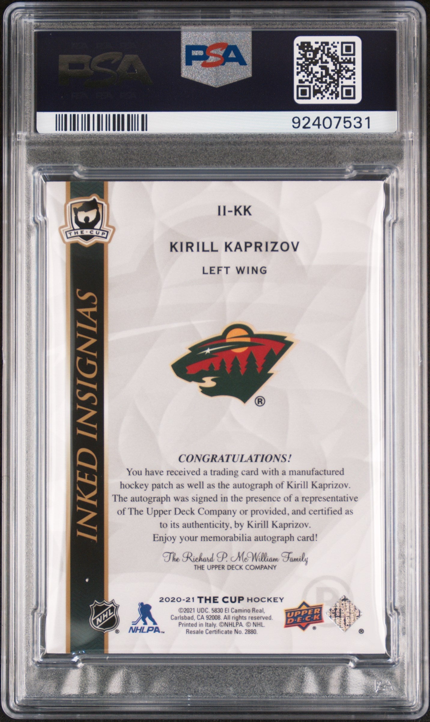 2020 21 The Cup Hockey Psa 10 Kirill Kaprizov Inked Insignias Patch Auto 75 2