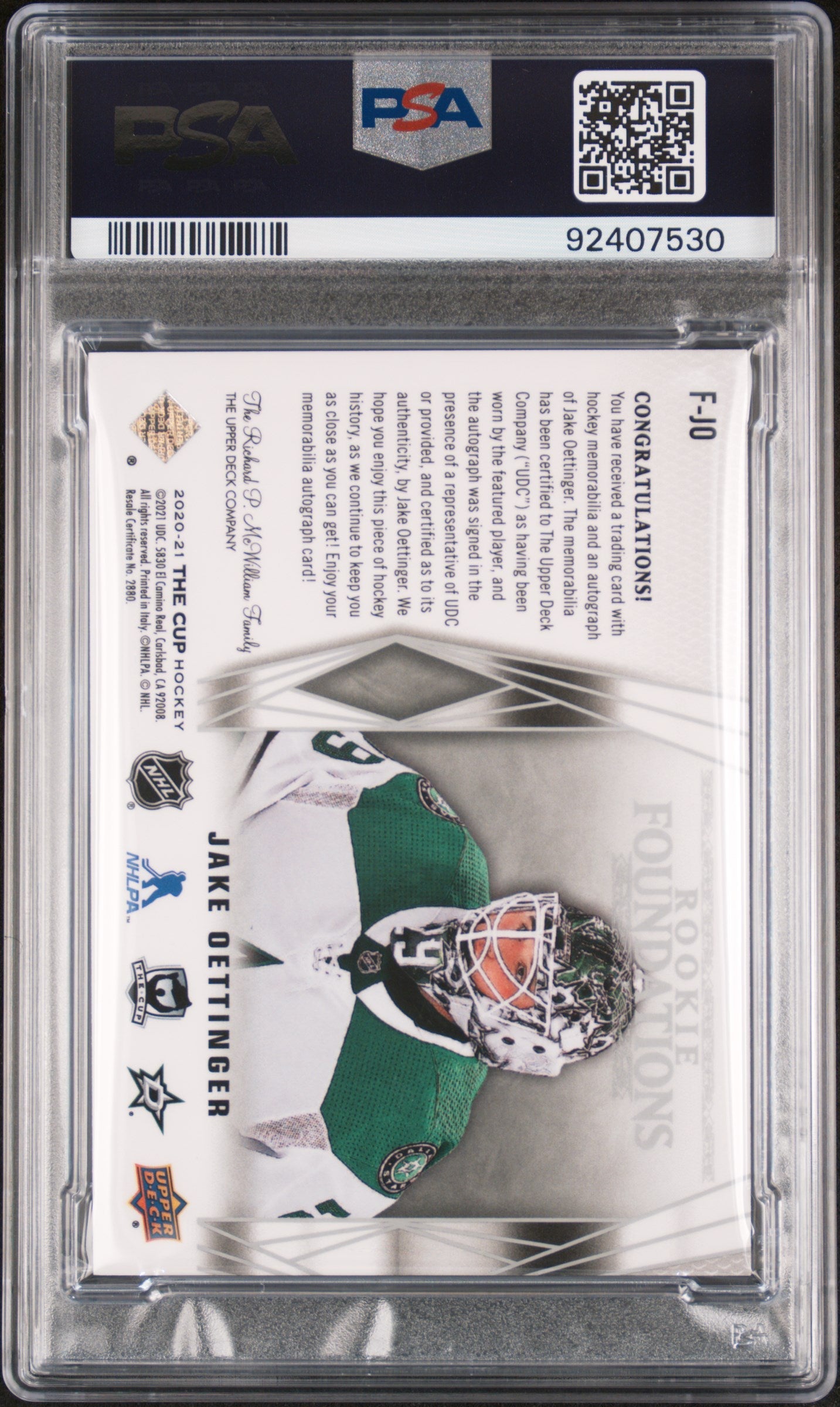 2020 21 Ud The Cup Hockey Foundations Quad Jsy Auto Psa 10 Jake Oettinger 02 15 2