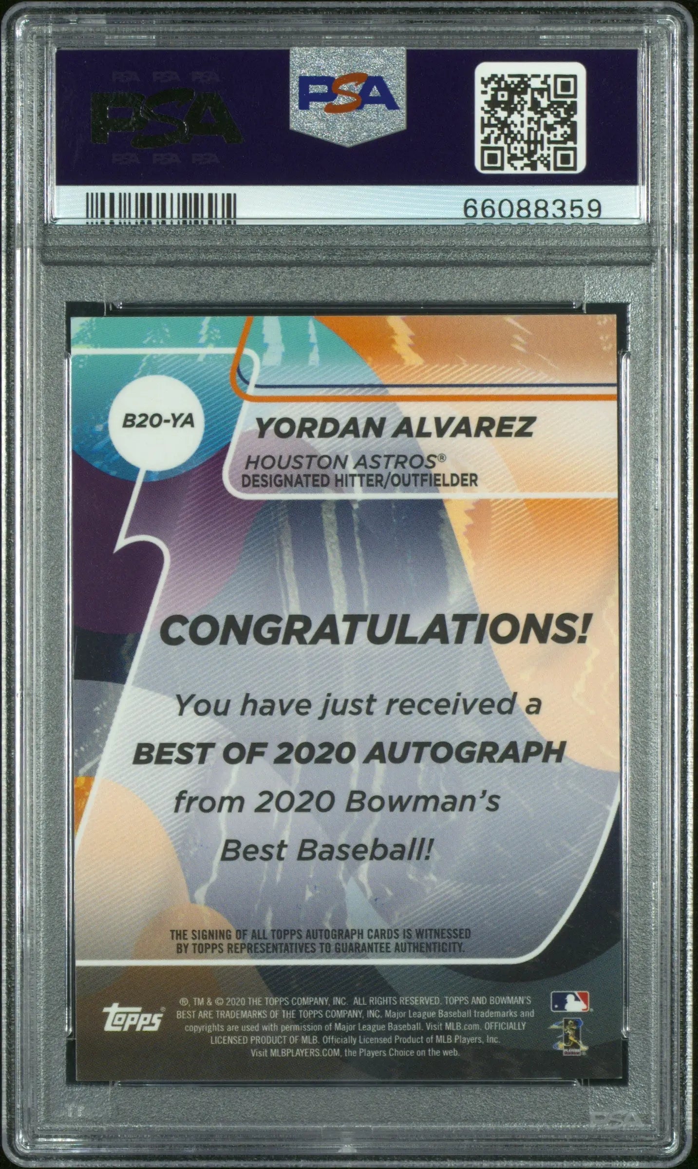 2020 Bowmans Best Baseball Best Of 2020 Autographs Yordan Alvarez RC PSA 10 