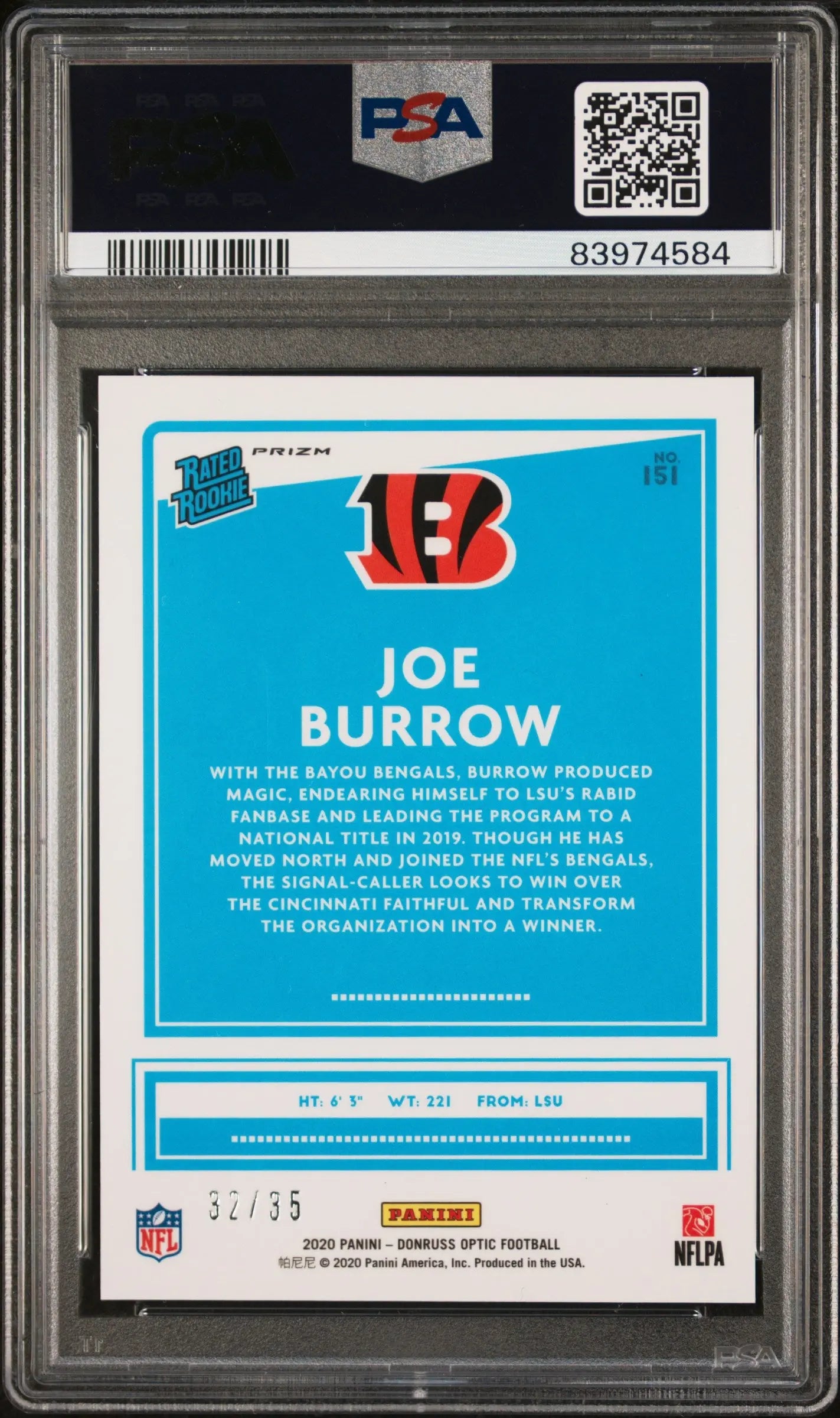 2020 Panini Donruss Optic Joe Burrow Rated Rookie Lime Green PSA 9 /35 