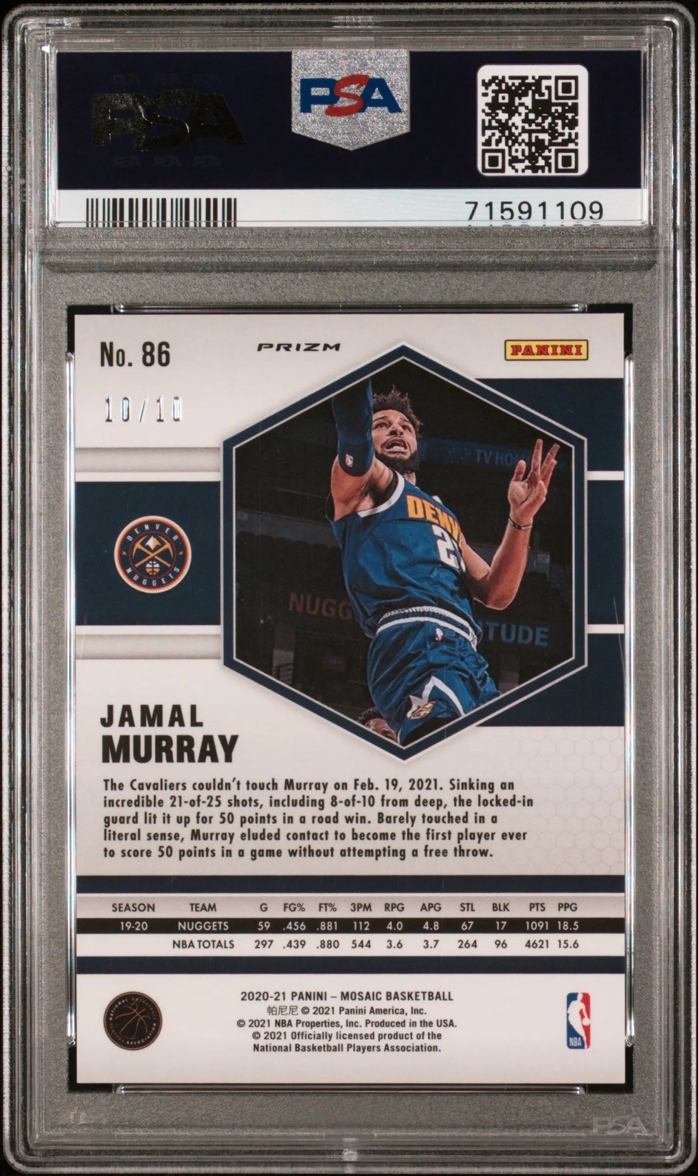 2020 Panini Mosaic Basketball Jamal Murray Gold Mosaic PSA 9 10/10 