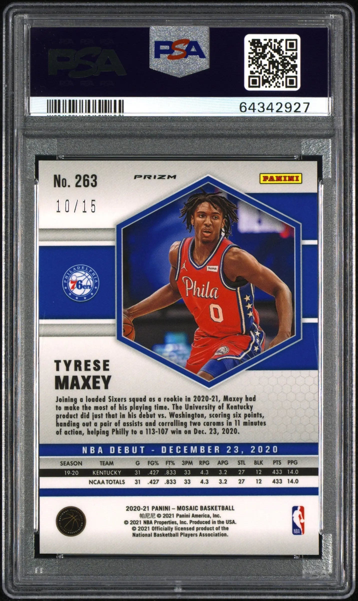 2020 Panini Mosaic Tyrese Maxey RC Rookie Blue Fluorescent PSA 10 /15 