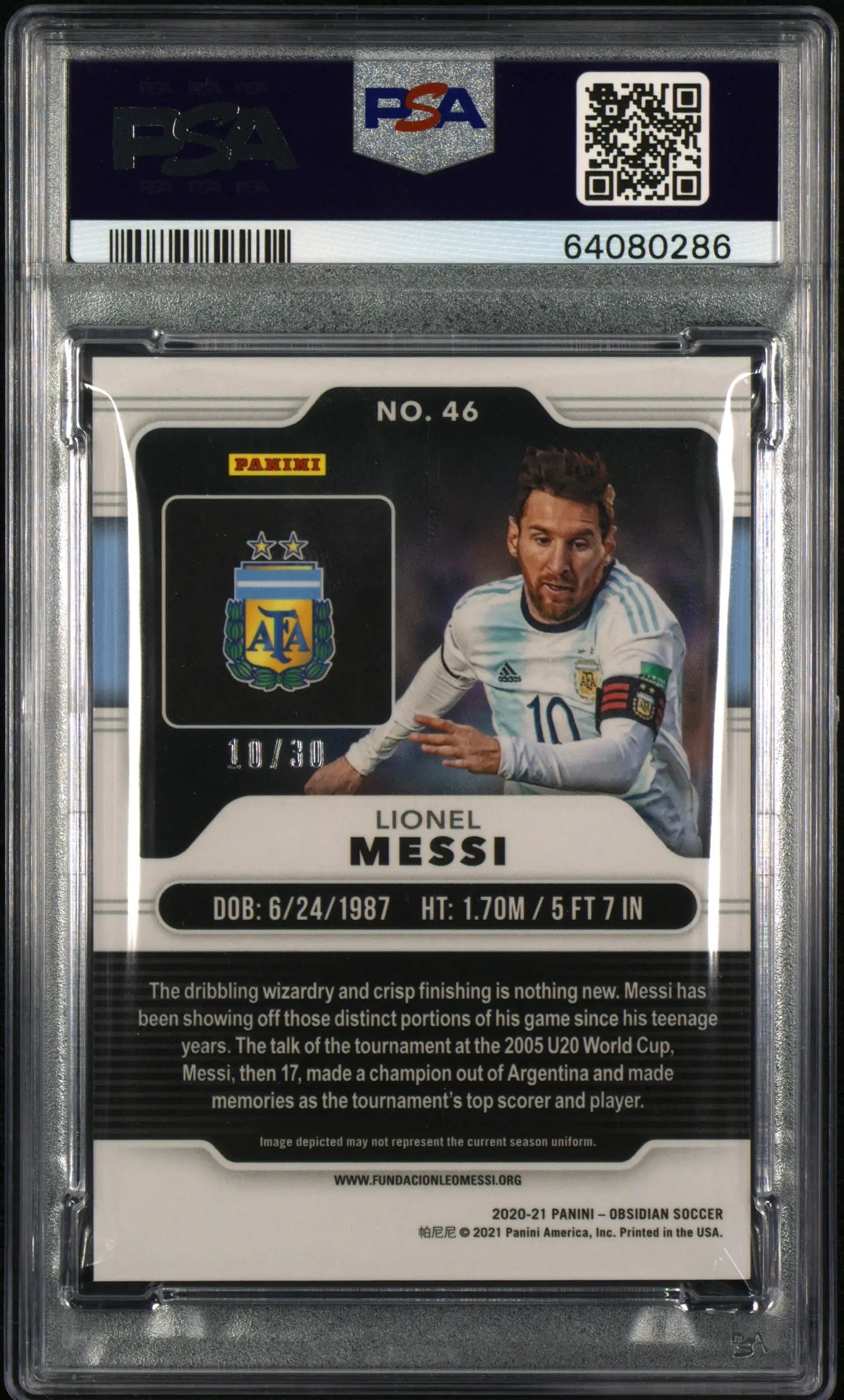 2020 Panini Obsidian Soccer Lionel Messi Electric Etch Blue PSA 9 10/30 