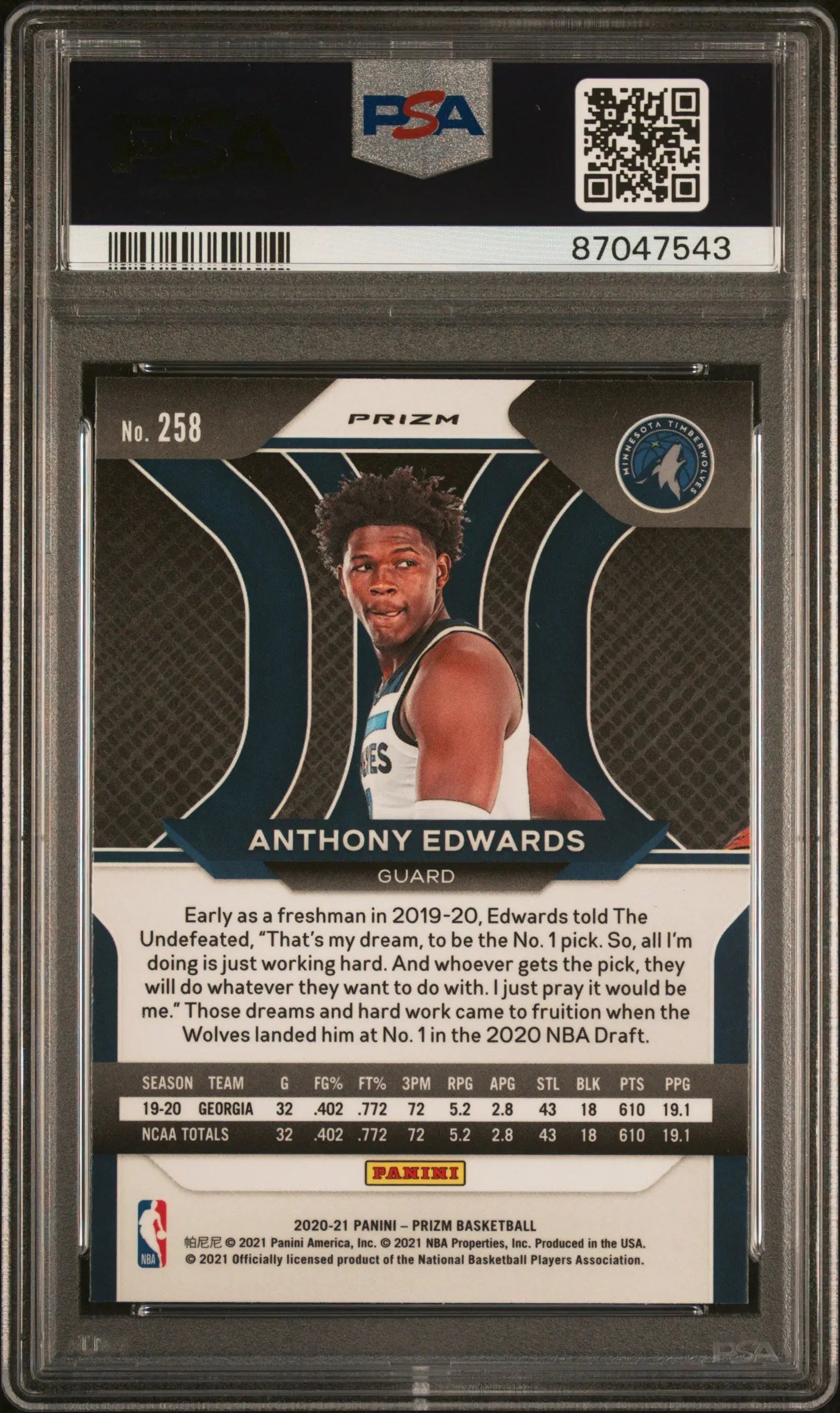 2020 Panini Prizm Basketball Anthony Edwards RC Rookie Green Prizm PSA 10 