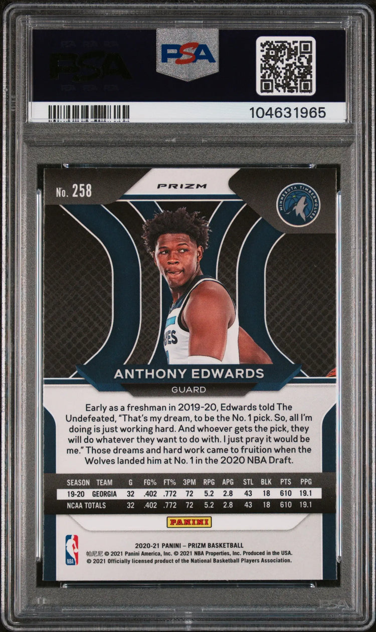 2020 Panini Prizm Basketball Anthony Edwards RC Rookie Silver Prizm PSA 9 