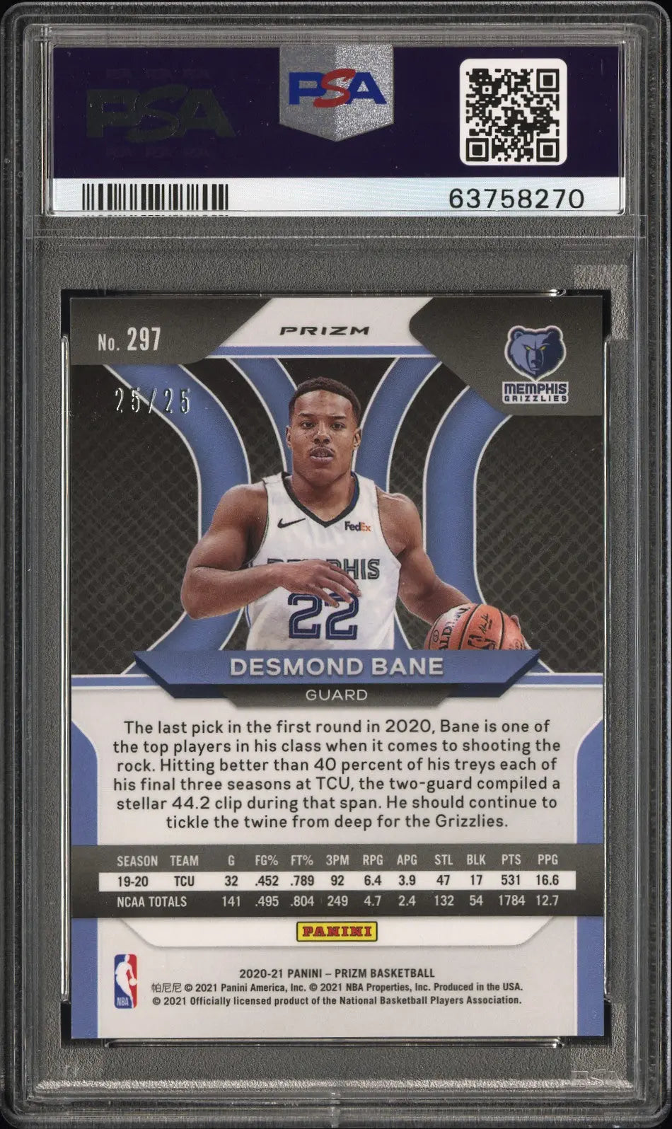 2020 Panini Prizm Basketball Desmond Bane RC Rookie Green Pulsar PSA 10 25/25 