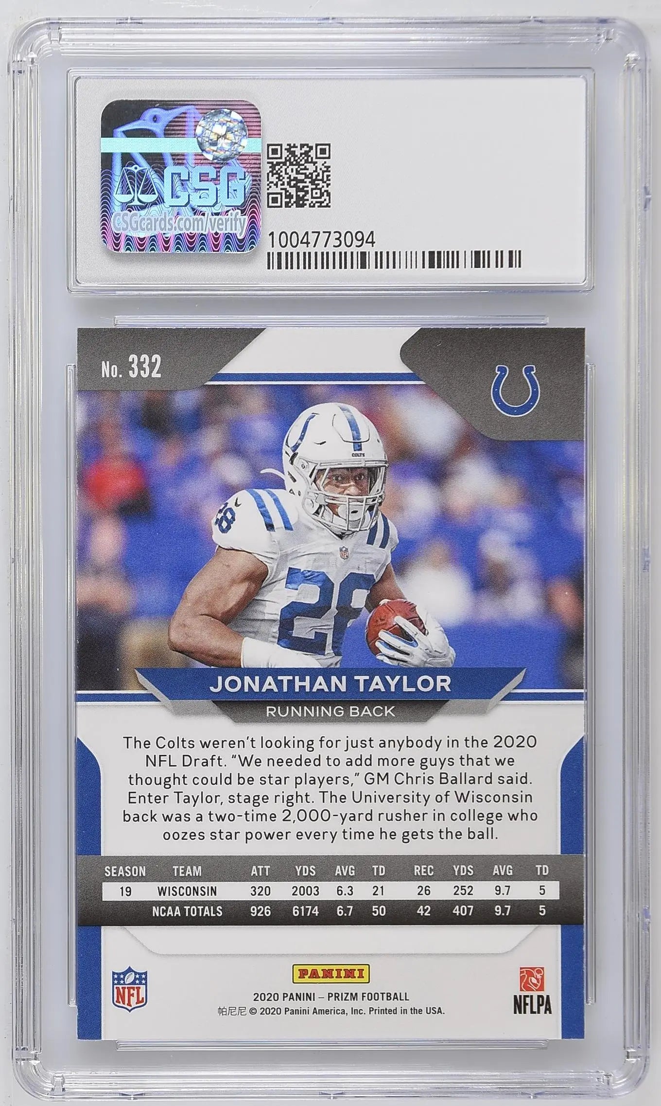 2020 Panini Prizm Football Jonathan Taylor RC Rookie CSG 9.5 #332 