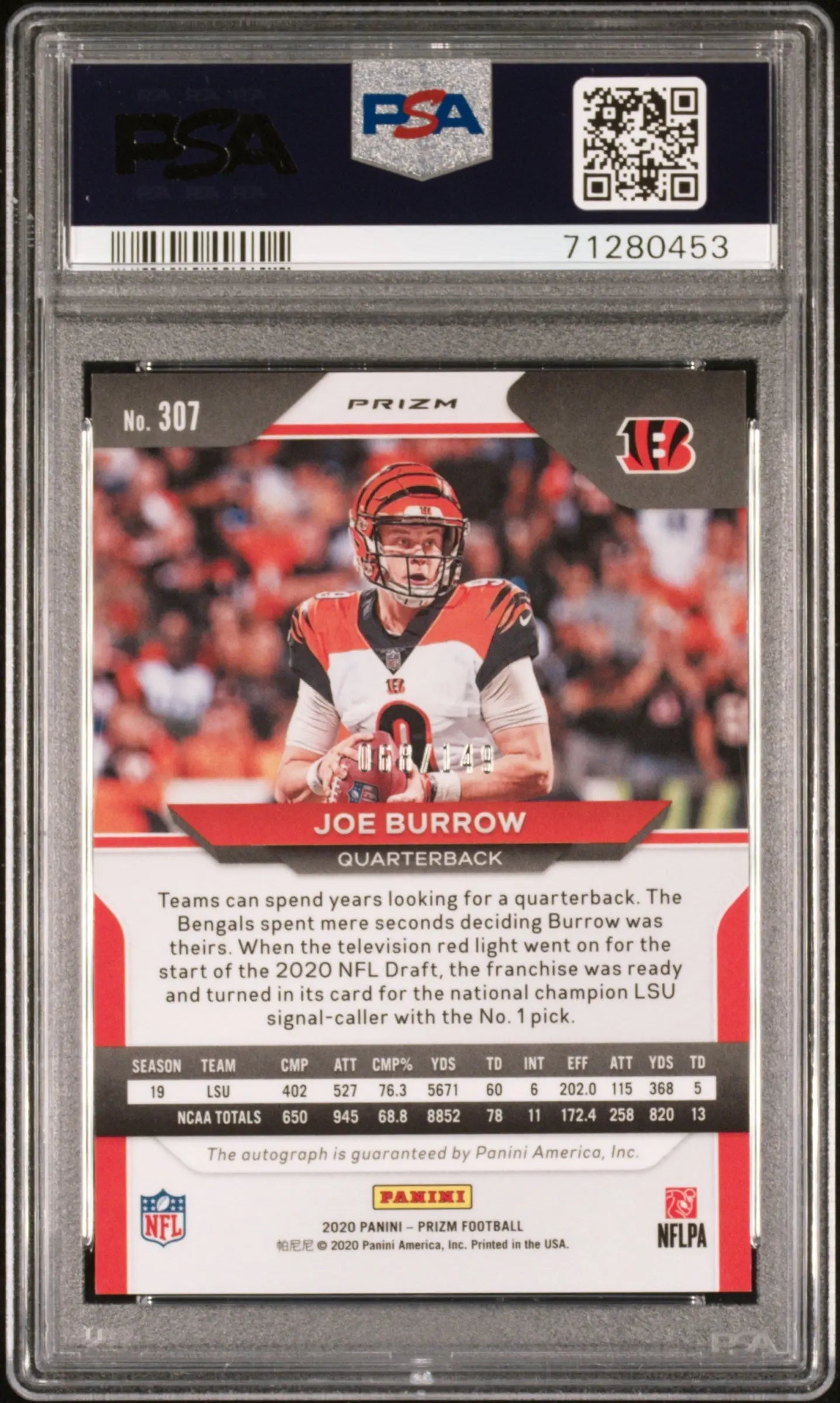 2020 Panini Prizm Joe Burrow RC Rookie Autograph Red Wave Prizm PSA 9 /149 