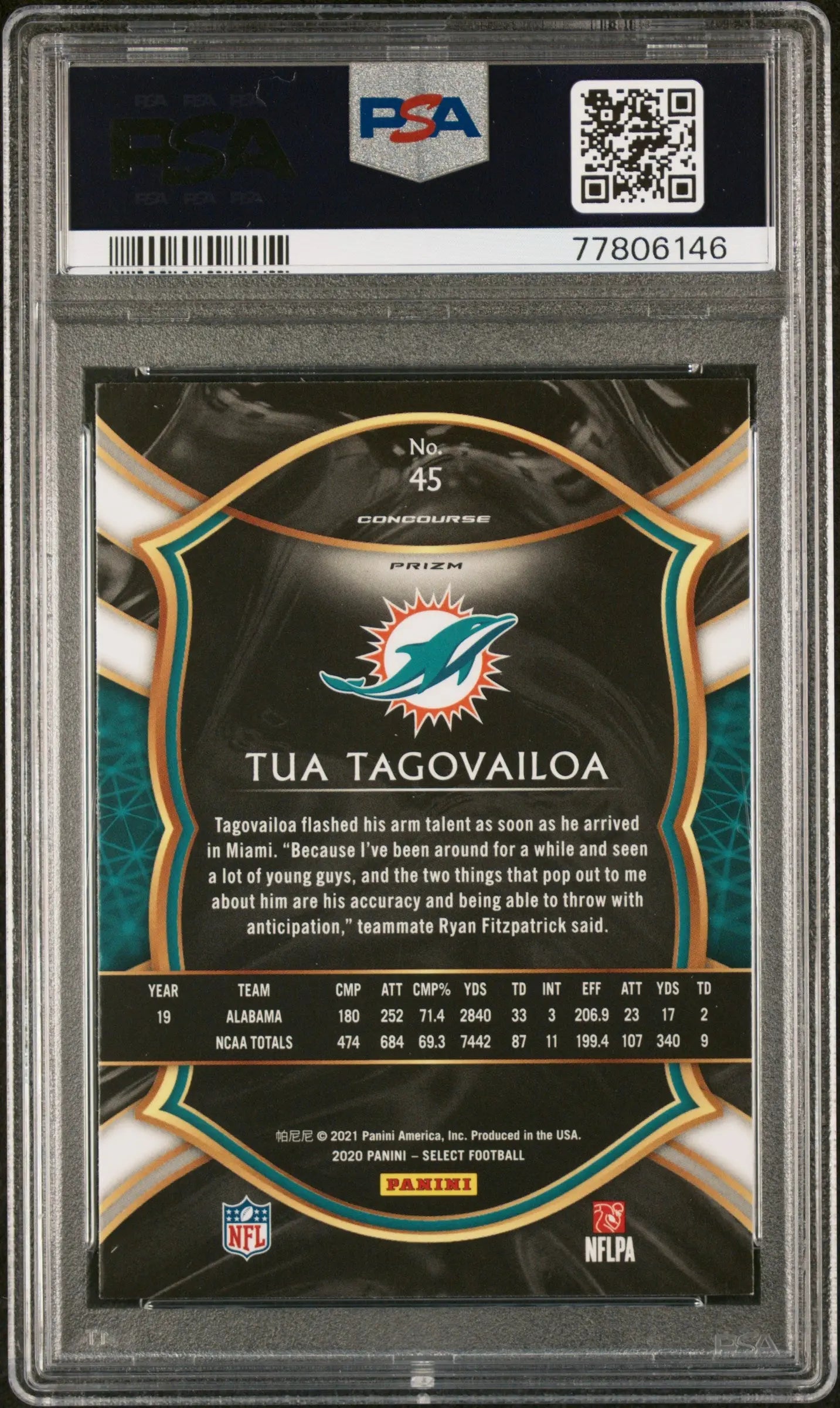 2020 Panini Select Football Tua Tagovailoa RC Rookie Silver Prizm PSA 9 