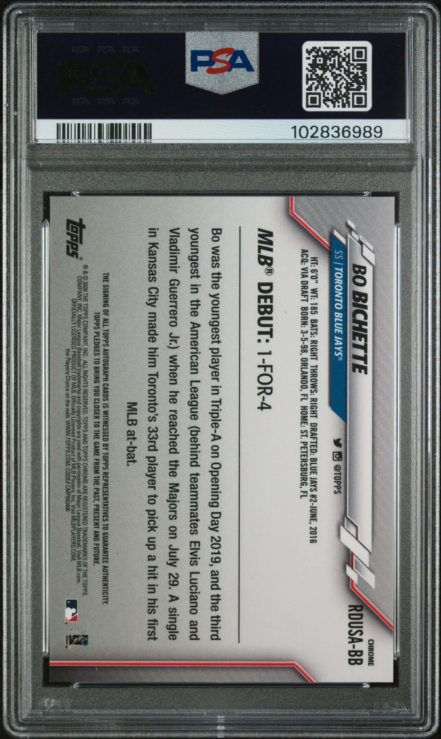 2020 Topps Chrome Update Rookie Debut Autographs Bo Bichette PSA 10 