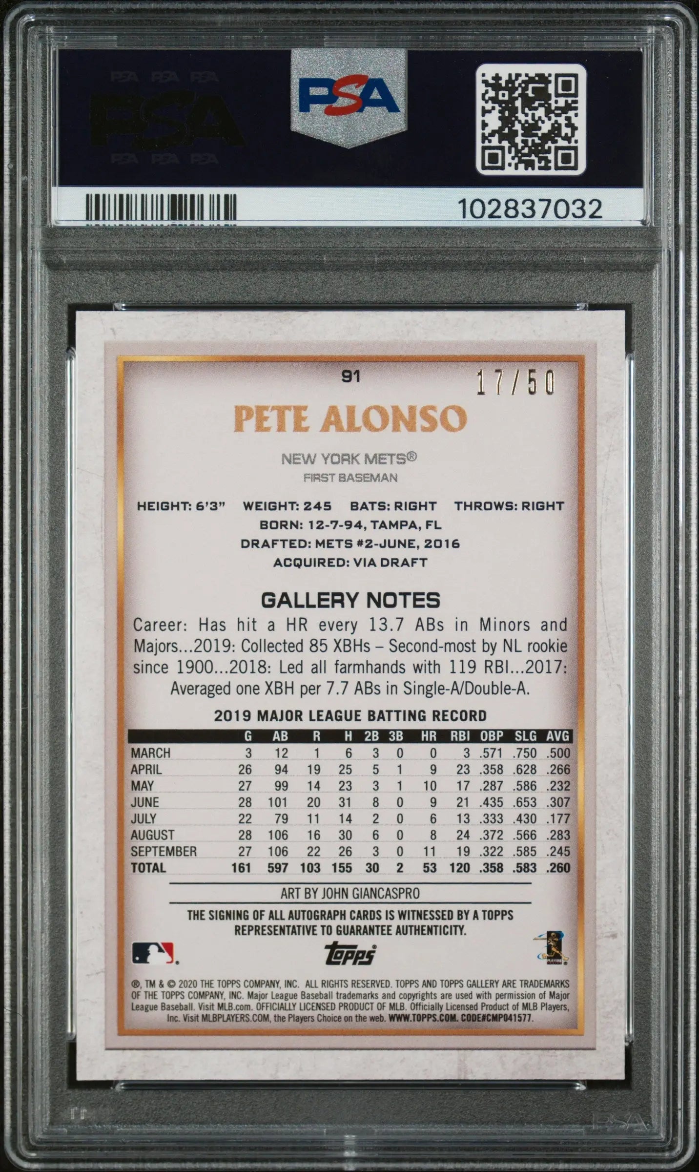 2020 Topps Gallery Pete Alonso #91 PSA 9 