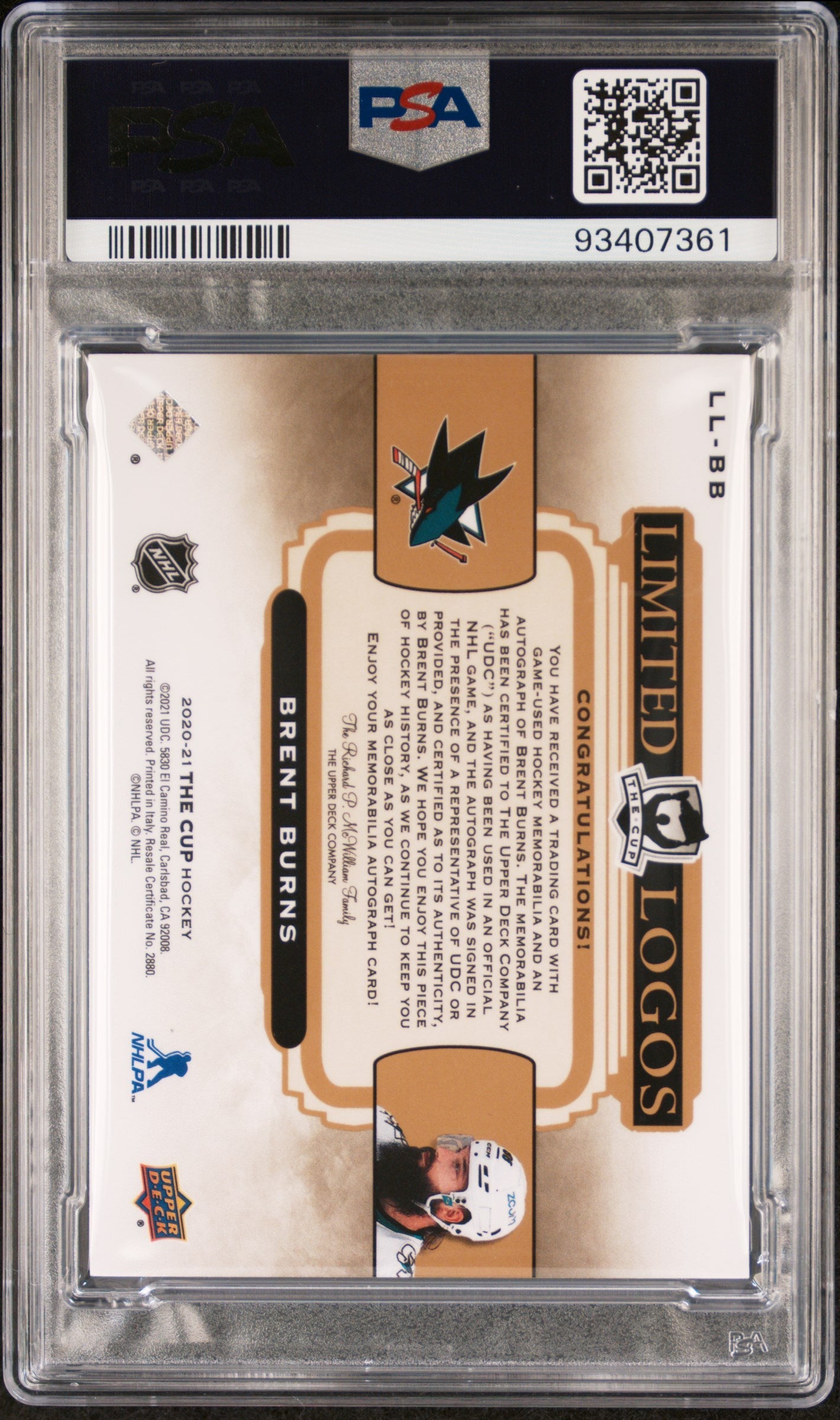 2020 Ud The Cup Limited Logos Jumbo Patch Autographs Brent Burns Psa 9 02 25 2