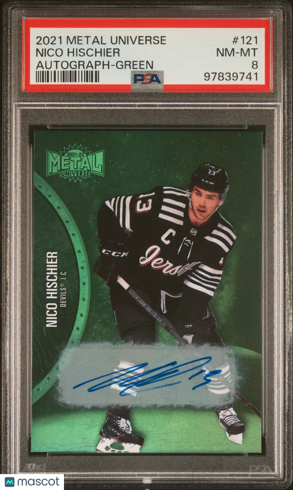 2021-2022 Skybox Metal Universe Nico Hischier Green Autograph PSA 8 01/10 