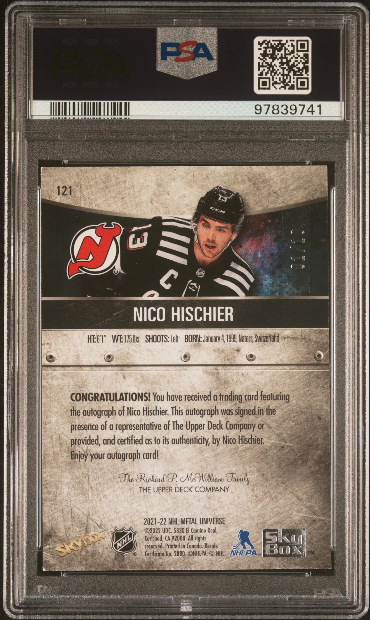 2021-2022 Skybox Metal Universe Nico Hischier Green Autograph PSA 8 01/10 