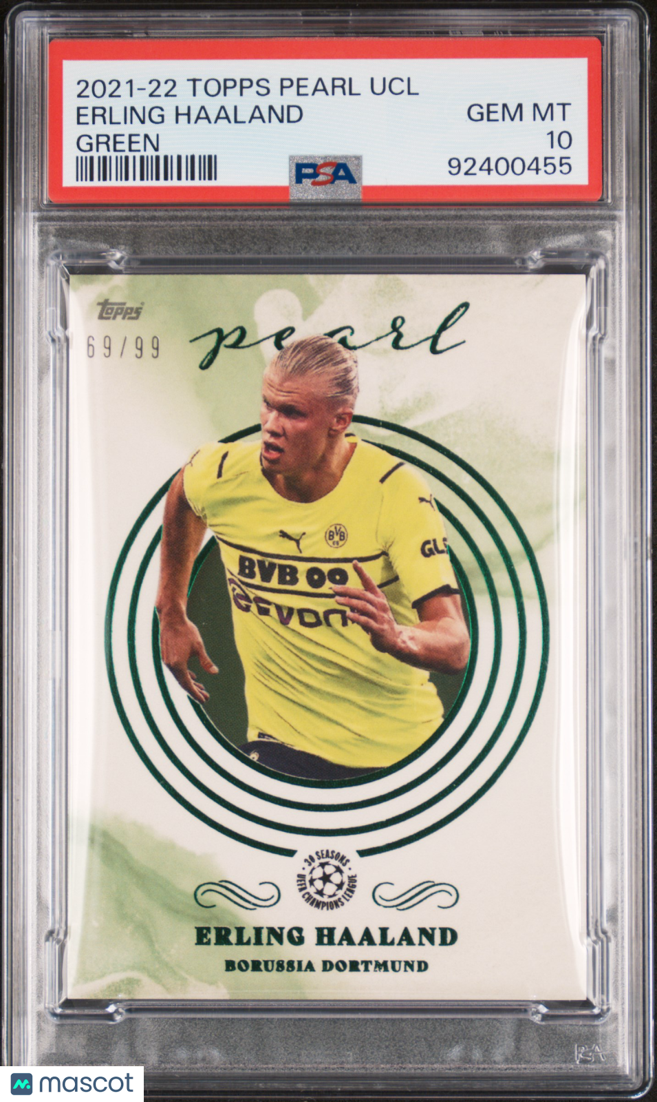 2021-2022 Topps Pearl Uefa Champions League Green Erling Haaland 69/99 Psa 10 1