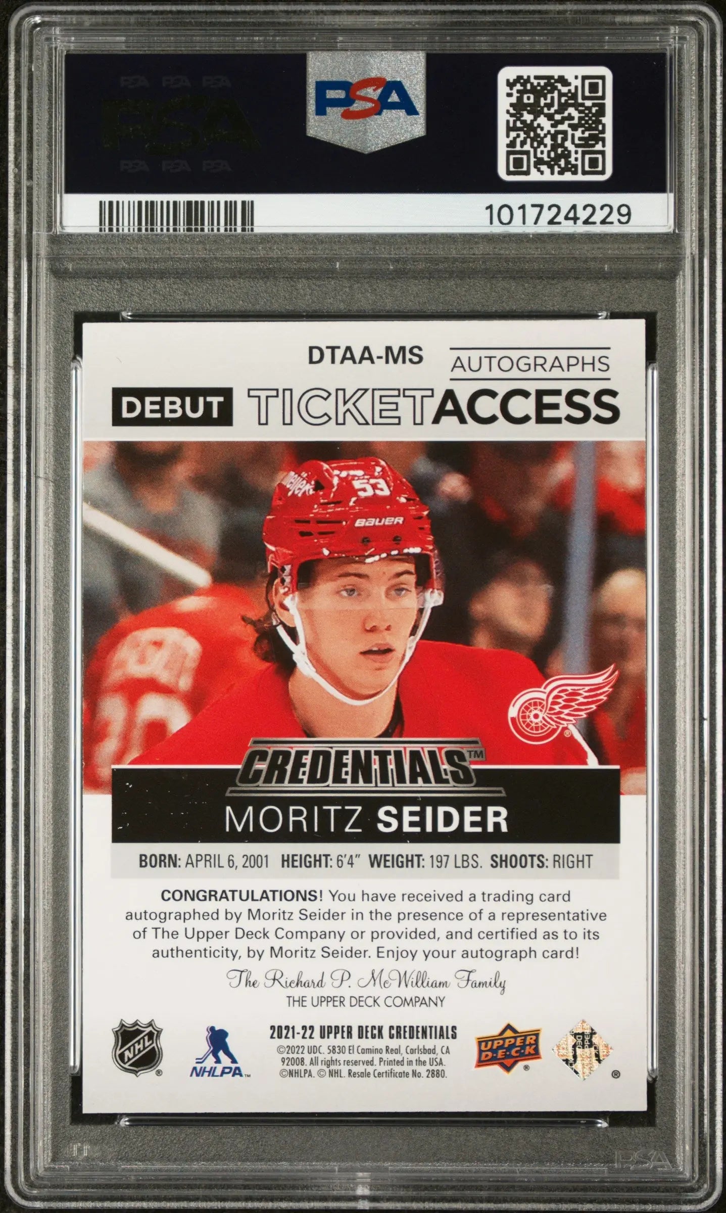 2021-2022 UD Credentials Debut Ticket Access Auto Moritz Seider PSA 9 /99 